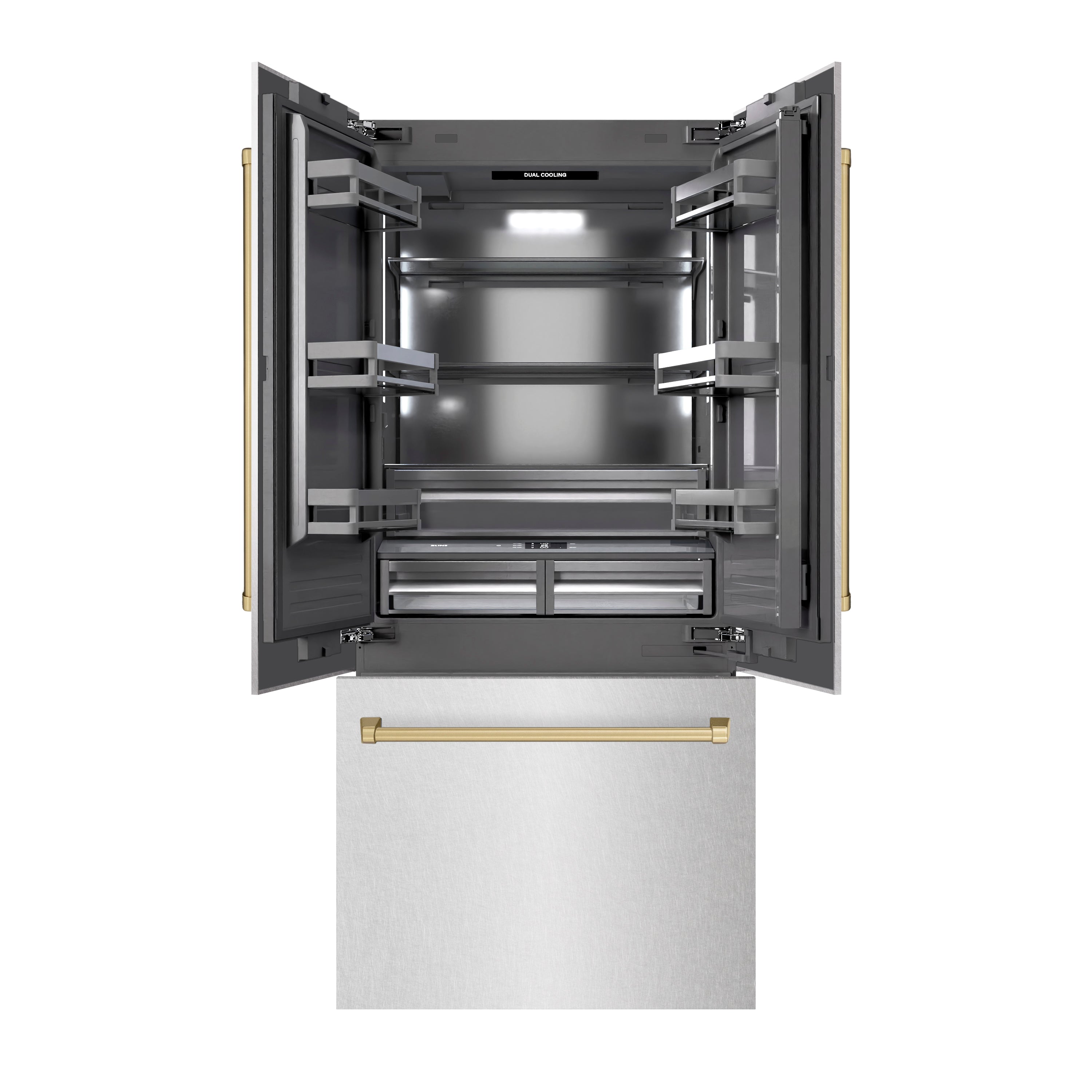 ZLINE 36 in. French Door Built-In Bottom Freezer Refrigerator 19.6 Cu. Ft. Water Dispenser Ice Maker Satin Stainless Steel Graphite Gray Interior Champagne Bronze Accents (GRBIVZ-SN-36-CB)