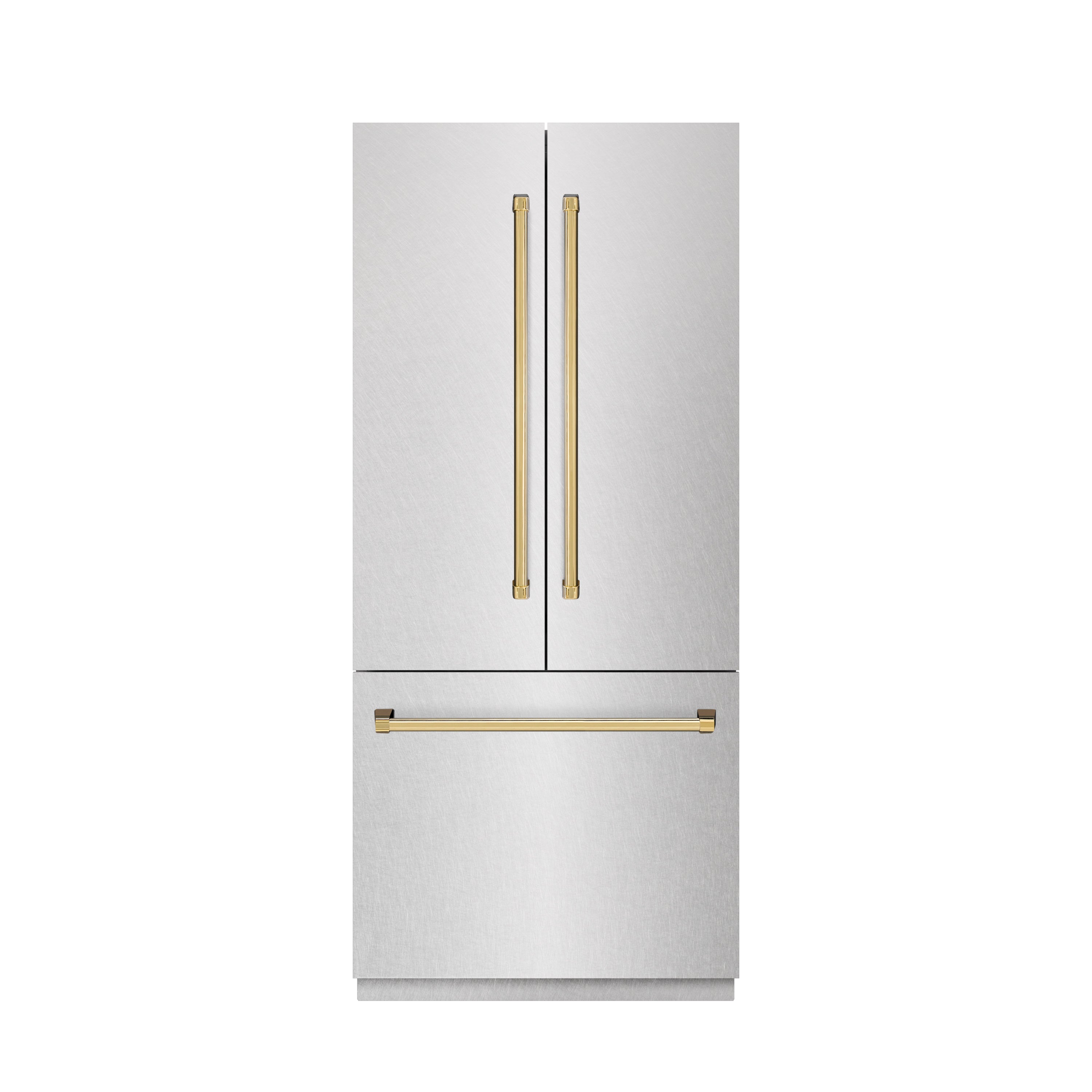 ZLINE 36 in. French Door Built-In Bottom Freezer Refrigerator 19.6 cu. ft. Satin Stainless Steel Water Dispenser Ice Maker Polished Gold Accents (GRBIVZ-SN-36-G)