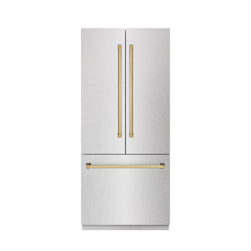 ZLINE 36 in. French Door Built-In Bottom Freezer Refrigerator 19.6 cu. ft. Satin Stainless Steel Water Dispenser Ice Maker Polished Gold Accents (GRBIVZ-SN-36-G)