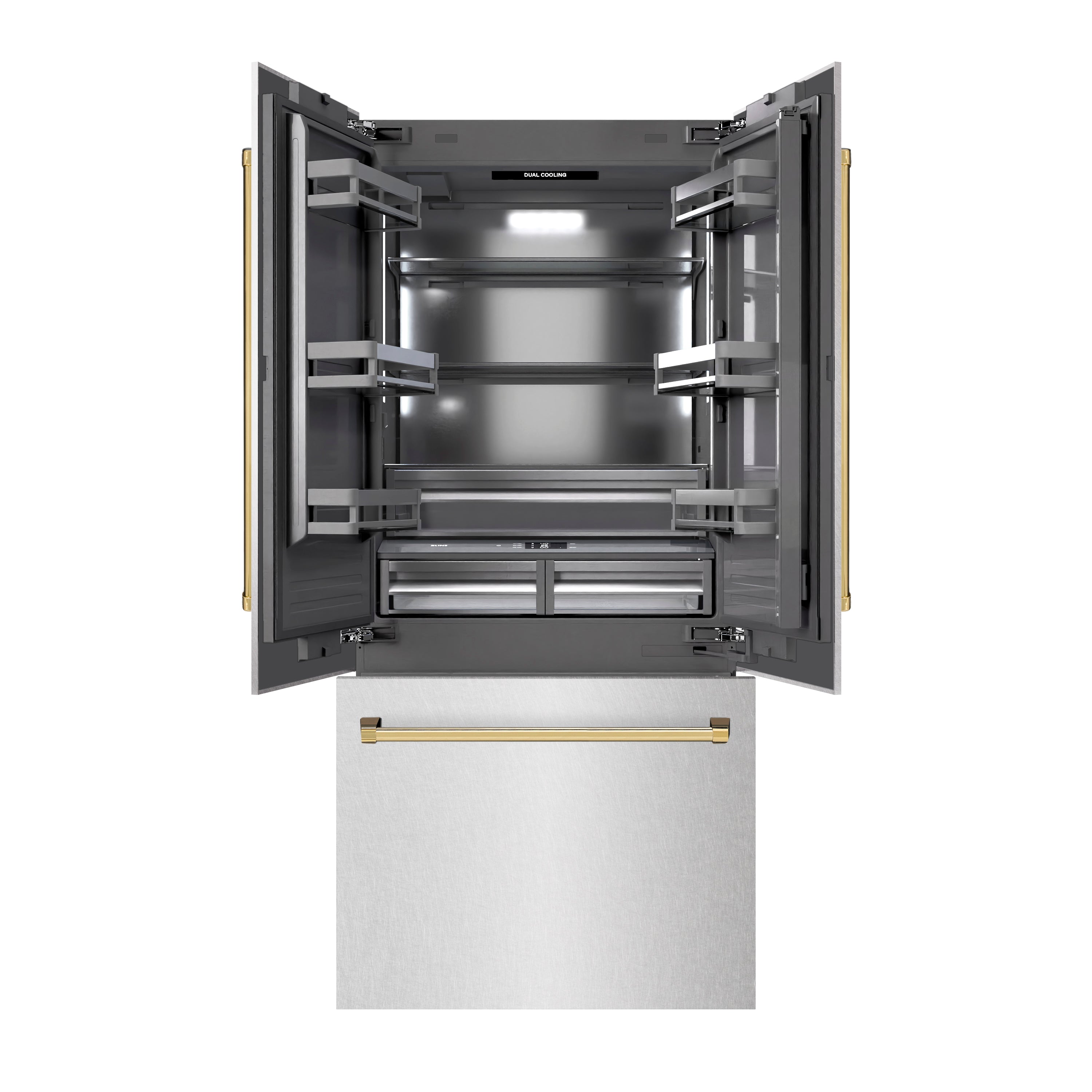 ZLINE 36 in. French Door Built-In Bottom Freezer Refrigerator 19.6 cu. ft. Satin Stainless Steel Water Dispenser Ice Maker Polished Gold Accents (GRBIVZ-SN-36-G)