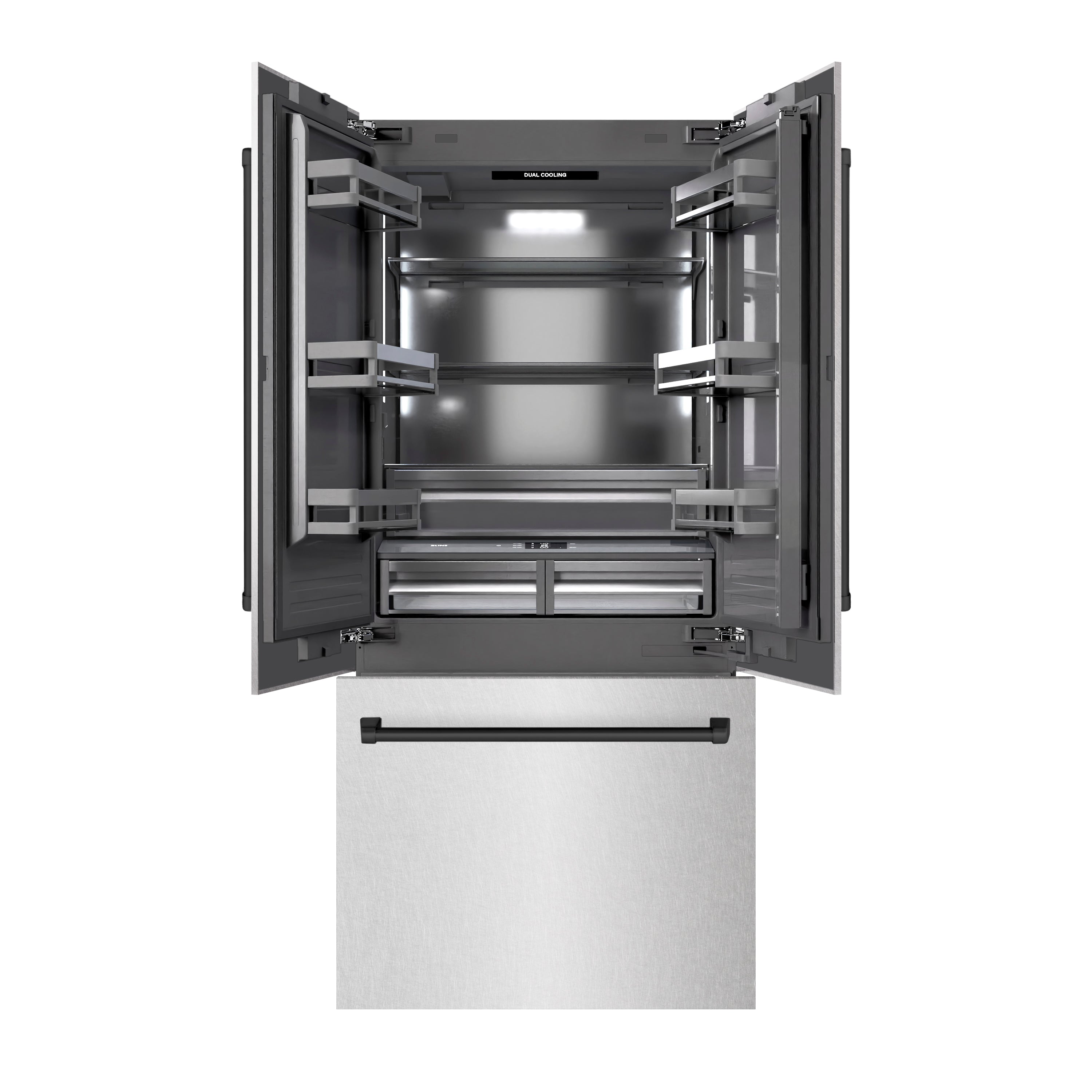 ZLINE 36 in. French Door Built-In Bottom Freezer Refrigerator 19.6 Cu. Ft. Water Dispenser Ice Maker Matte Black Accents Satin Stainless Steel (GRBIVZ-SN-36-MB)