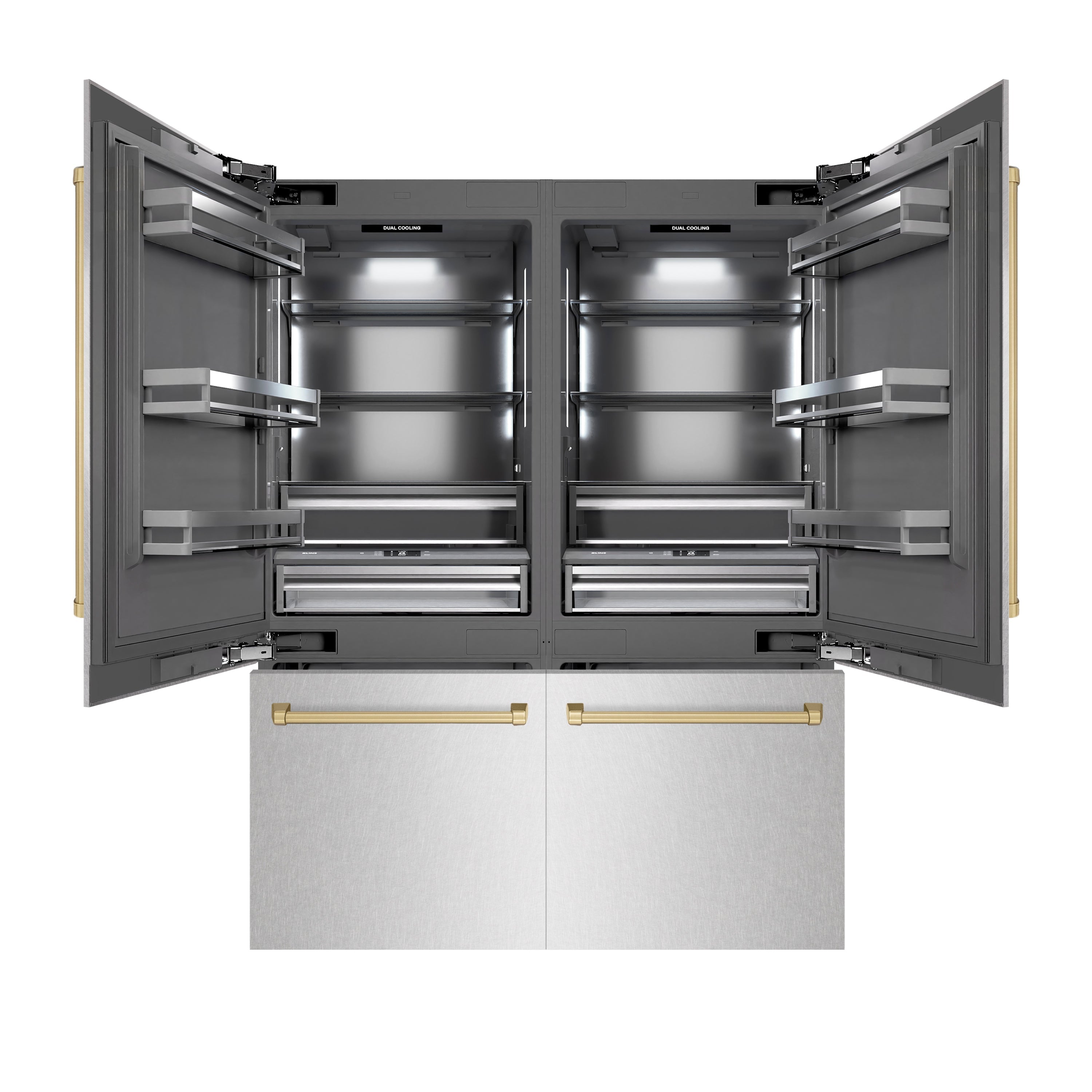 ZLINE 60 in. French Door Built-In Bottom Freezer Refrigerator 32.2 Cu. Ft. Water Dispenser Ice Maker Satin Stainless Steel Graphite Gray Interior Champagne Bronze Accents (GRBIVZ-SN-60-CB)