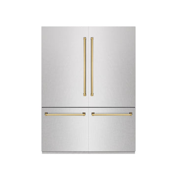 ZLINE 60 in. French Door Built-In Bottom Freezer Refrigerator 32.2 cu. ft. with Water Dispenser, Ice Maker, Satin Stainless Steel, Graphite Gray Interior, Polished Gold Accents (GRBIVZ-SN-60-G)