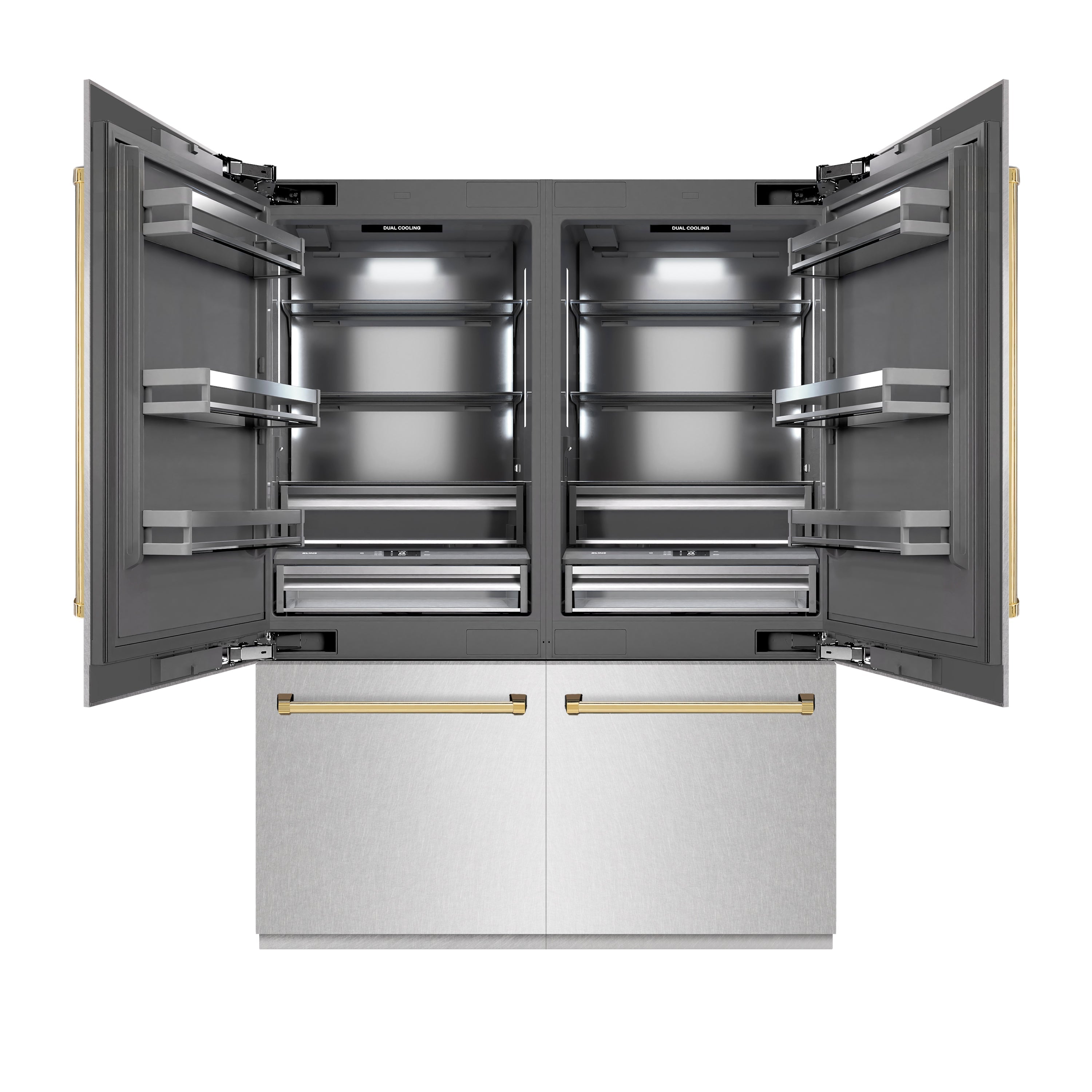 ZLINE 60 in. French Door Built-In Bottom Freezer Refrigerator 32.2 cu. ft. with Water Dispenser, Ice Maker, Satin Stainless Steel, Graphite Gray Interior, Polished Gold Accents (GRBIVZ-SN-60-G)