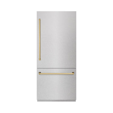 ZLINE 36 in Built-In Bottom Freezer Refrigerator 19.8 cu. ft. Water Dispenser Ice Maker Satin Stainless Steel Polished Gold Accents (RBITZ-SN-36-G)
