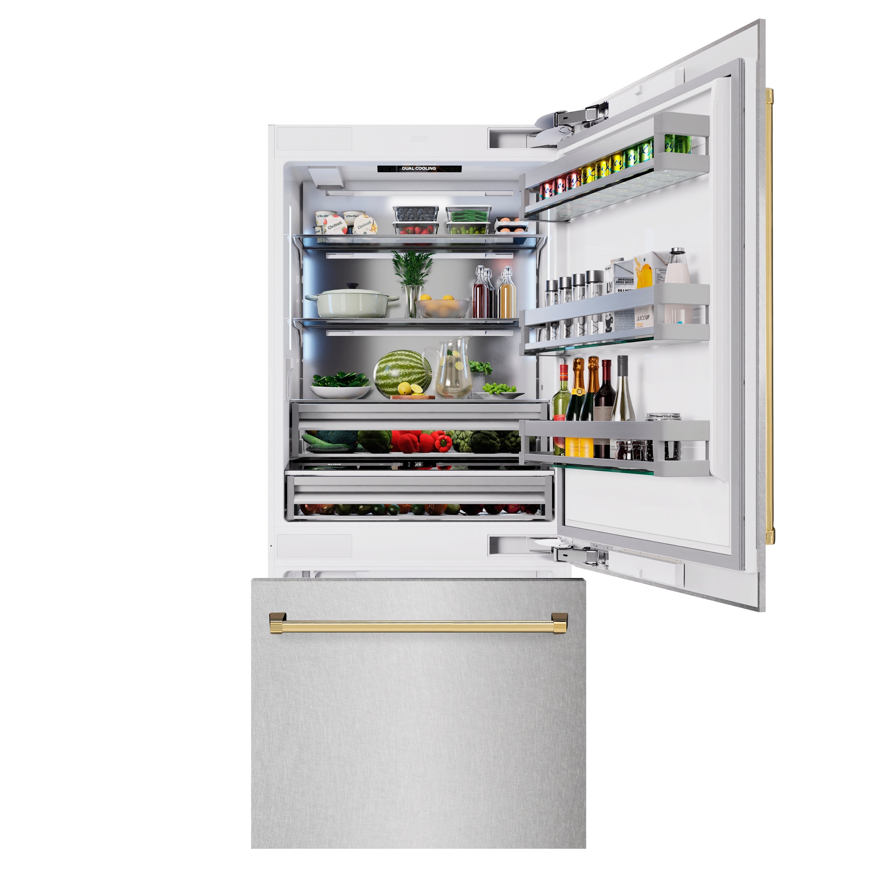 ZLINE 36 in Built-In Bottom Freezer Refrigerator 19.8 cu. ft. Water Dispenser Ice Maker Satin Stainless Steel Polished Gold Accents (RBITZ-SN-36-G)