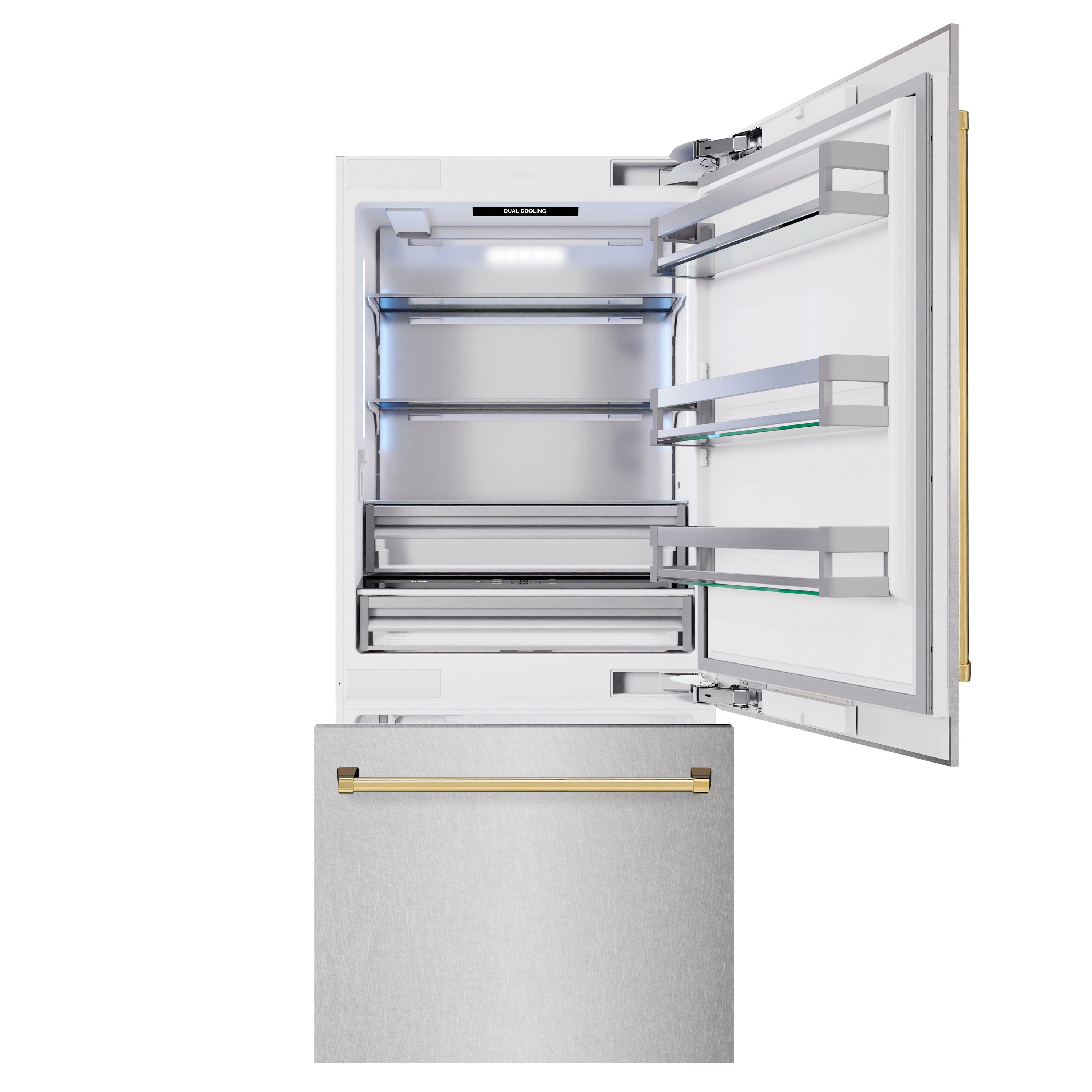ZLINE 36 in Built-In Bottom Freezer Refrigerator 19.8 cu. ft. Water Dispenser Ice Maker Satin Stainless Steel Polished Gold Accents (RBITZ-SN-36-G)