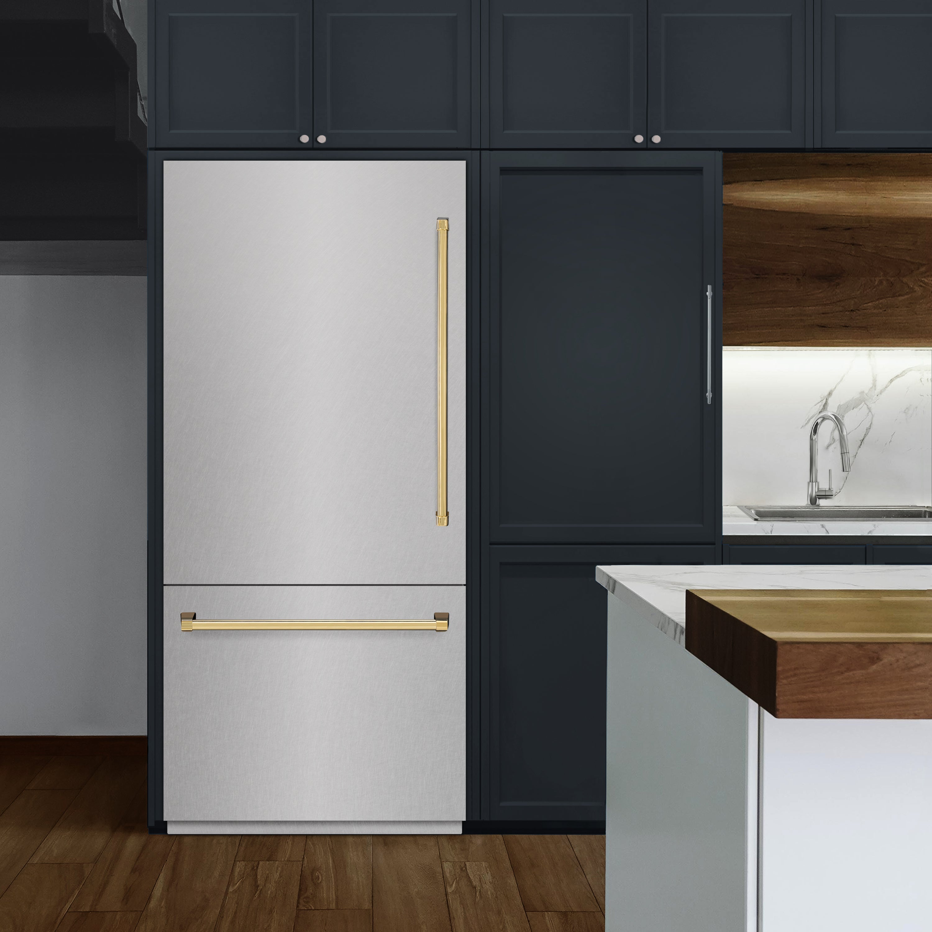 ZLINE 36 in Built-In Bottom Freezer Refrigerator 19.8 cu. ft. Water Dispenser Ice Maker Satin Stainless Steel Polished Gold Accents (RBITZ-SN-36-G)