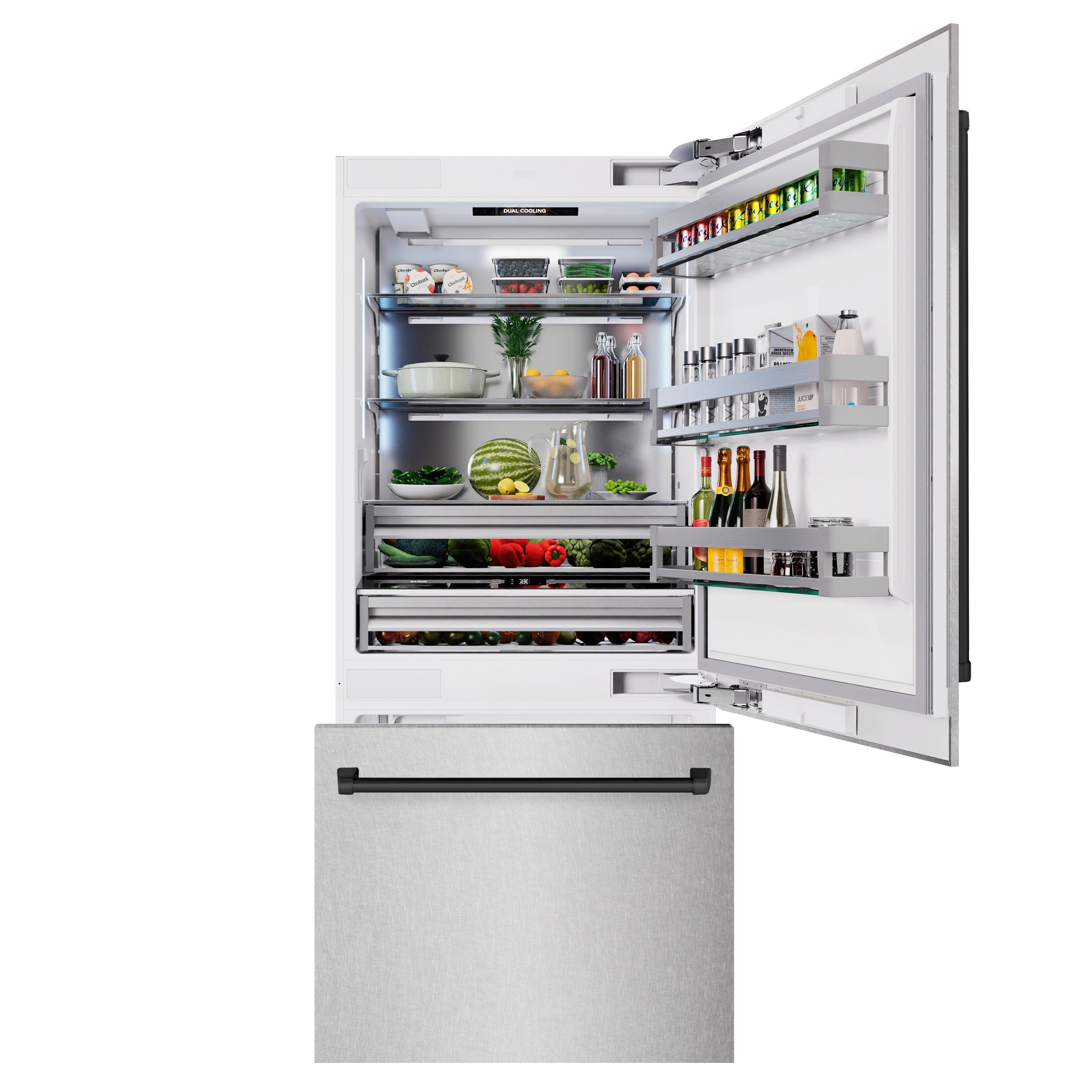 ZLINE 36 in. Built-In Bottom Freezer Refrigerator, 19.8 Cu. Ft., Water Dispenser, Ice Maker, Satin Stainless Steel with Matte Black Accents (RBITZ-SN-36-MB)