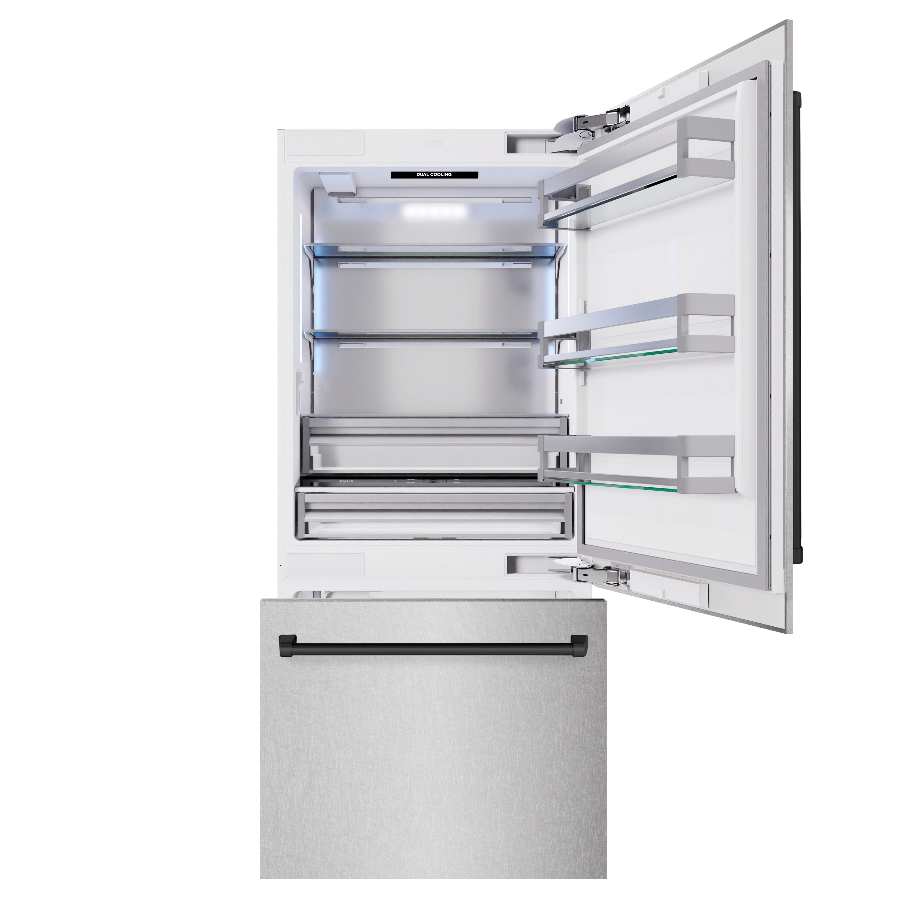 ZLINE 36 in. Built-In Bottom Freezer Refrigerator, 19.8 Cu. Ft., Water Dispenser, Ice Maker, Satin Stainless Steel with Matte Black Accents (RBITZ-SN-36-MB)
