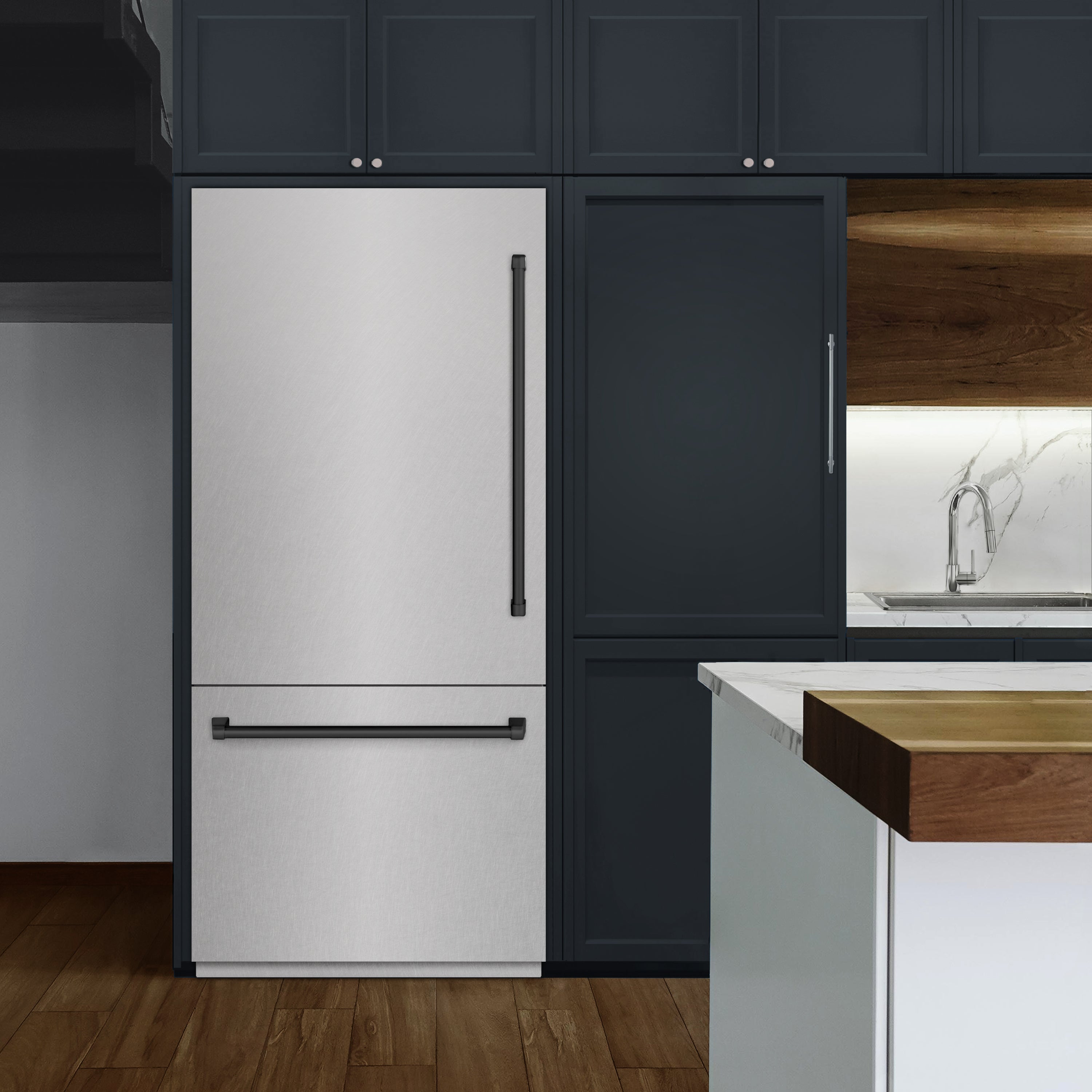 ZLINE 36 in. Built-In Bottom Freezer Refrigerator, 19.8 Cu. Ft., Water Dispenser, Ice Maker, Satin Stainless Steel with Matte Black Accents (RBITZ-SN-36-MB)