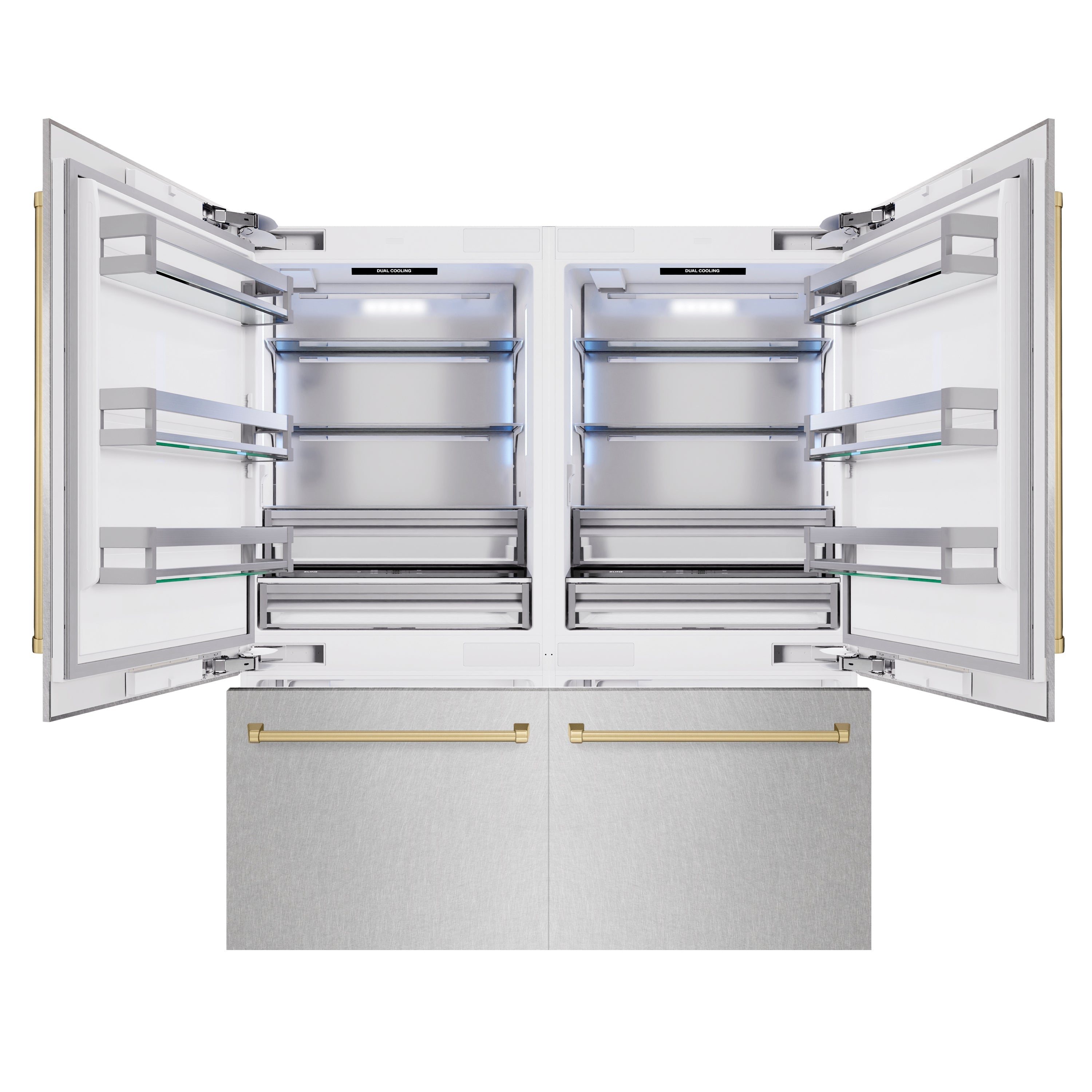 ZLINE 72 in. French Door Built-In Bottom Freezer Refrigerator 39.6 Cu. Ft. Water Dispensers Ice Makers Satin Stainless Steel Champagne Bronze Accents (RBITZ-SN-72-CB)