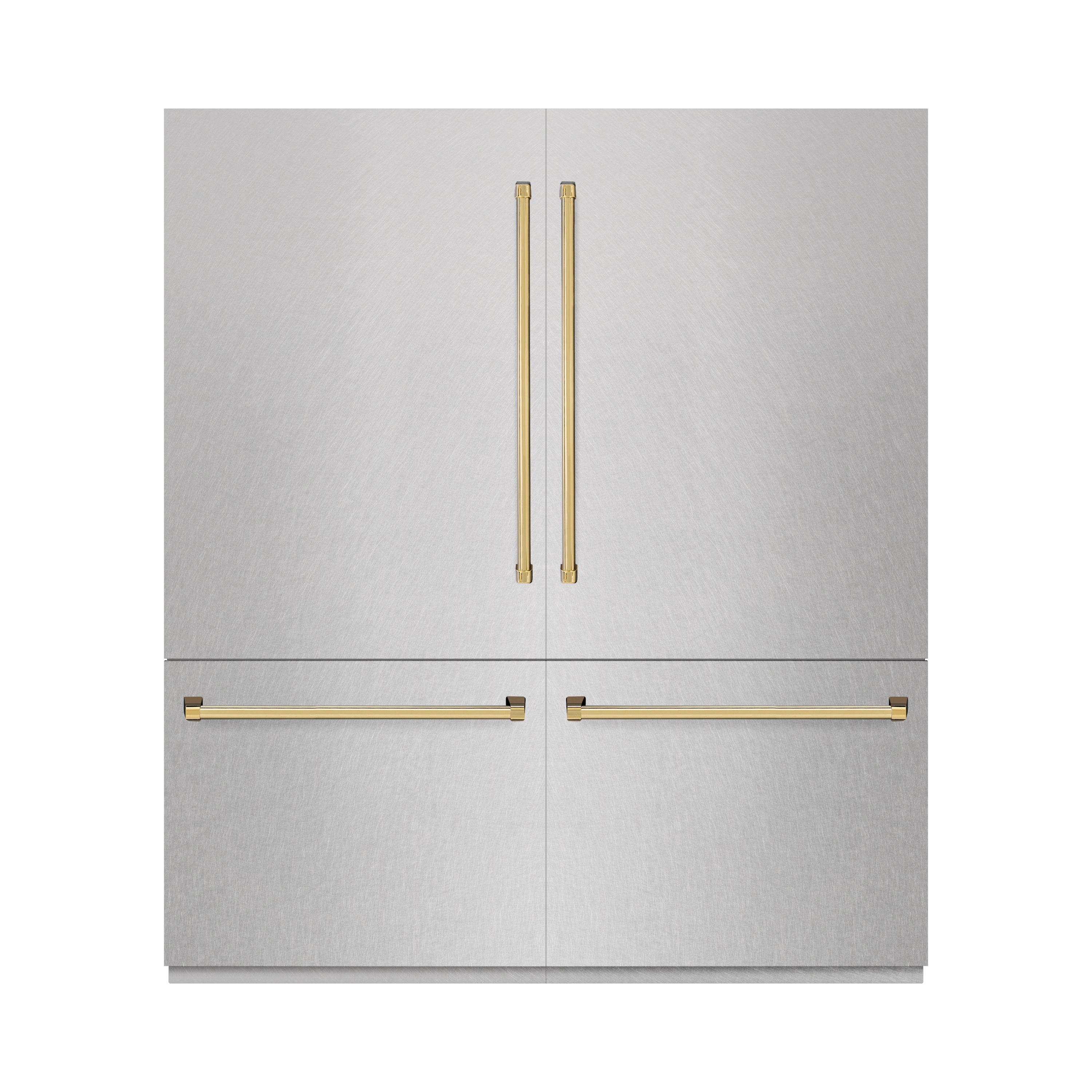 ZLINE 72 in. Built-In French Door Bottom Freezer Refrigerator 39.6 cu. ft. Water Dispensers Ice Makers Satin Stainless Steel Polished Gold Accents (RBITZ-SN-72-G)