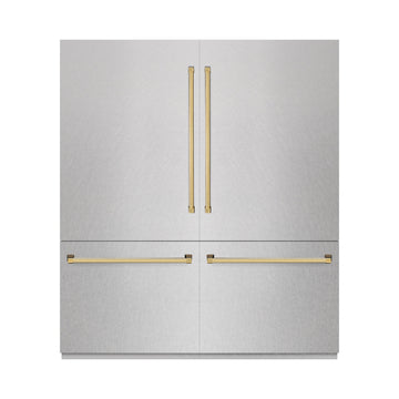 ZLINE 72 in. Built-In French Door Bottom Freezer Refrigerator 39.6 cu. ft. Water Dispensers Ice Makers Satin Stainless Steel Polished Gold Accents (RBITZ-SN-72-G)