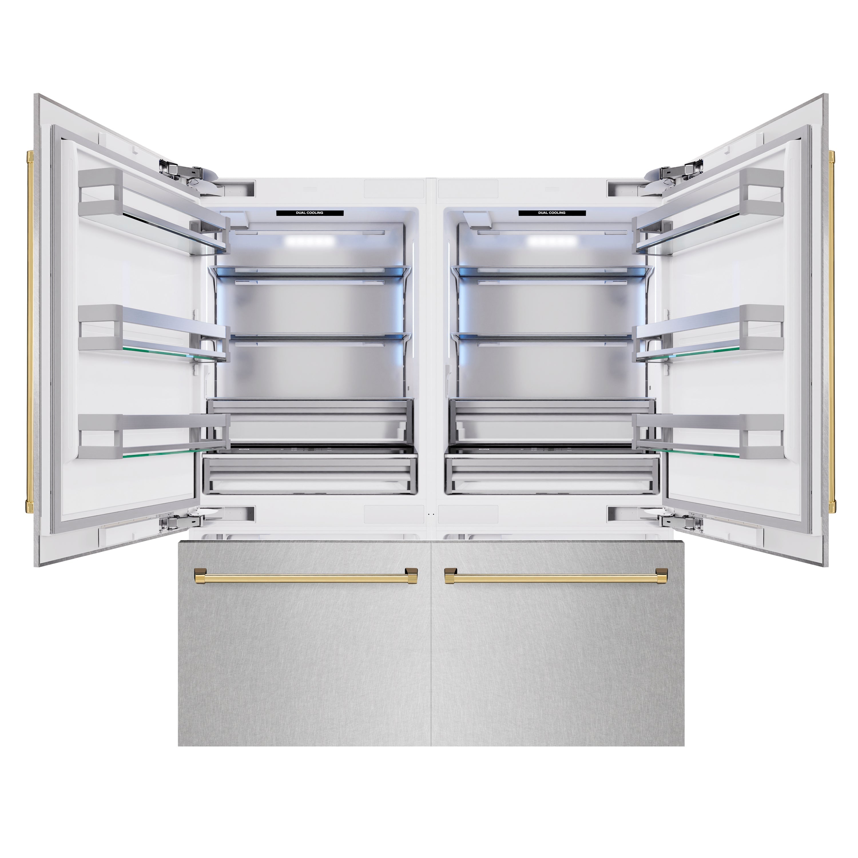 ZLINE 72 in. Built-In French Door Bottom Freezer Refrigerator 39.6 cu. ft. Water Dispensers Ice Makers Satin Stainless Steel Polished Gold Accents (RBITZ-SN-72-G)