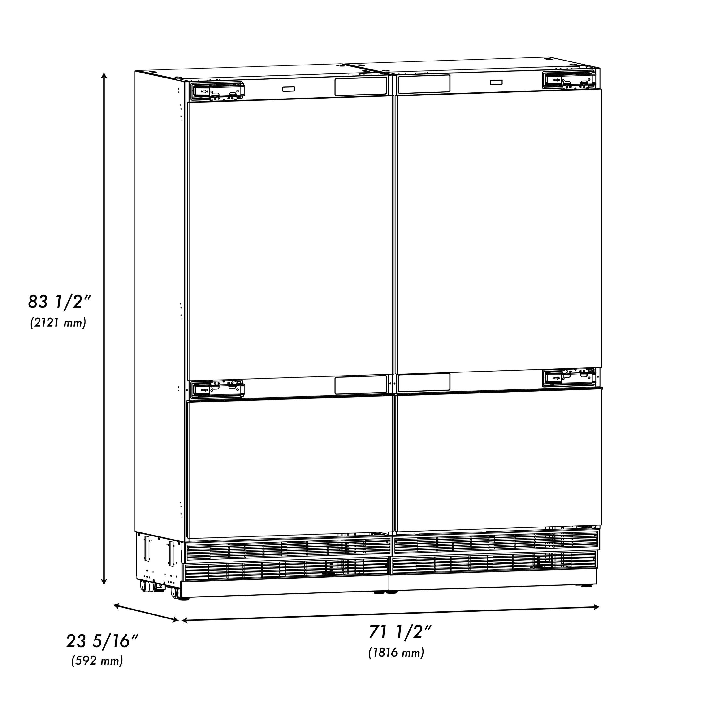ZLINE 72 in. Panel Ready French Door Built-In Bottom Freezer Refrigerator 39.6 cu. ft. with Water Dispensers, Ice Makers, Graphite Gray Interior (GRBIT-72)