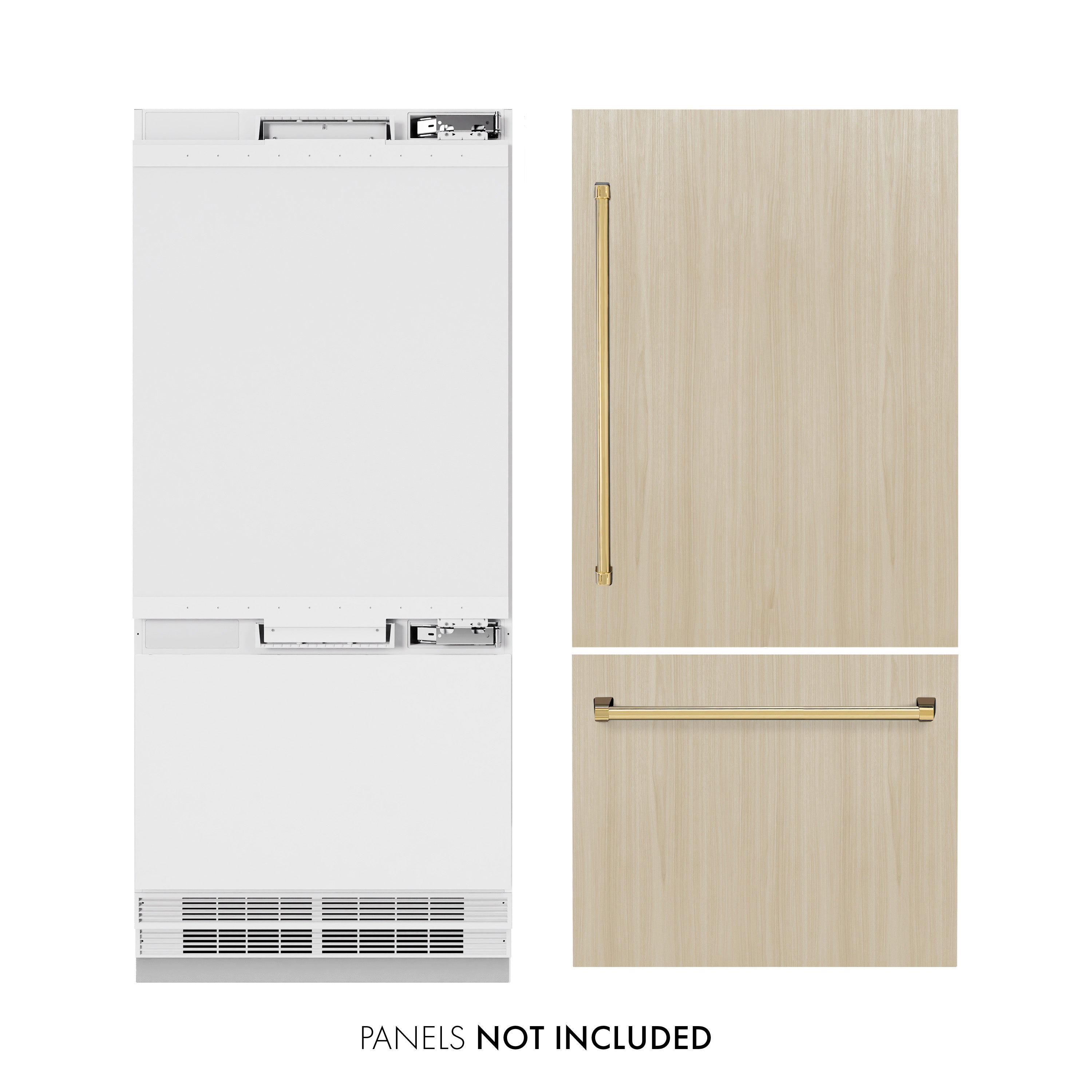 ZLINE 36 in Built-In Bottom Freezer Refrigerator 19.8 cu. ft. Panel Ready Water Dispenser Ice Maker Polished Gold Accents (RBITZ-36-G)