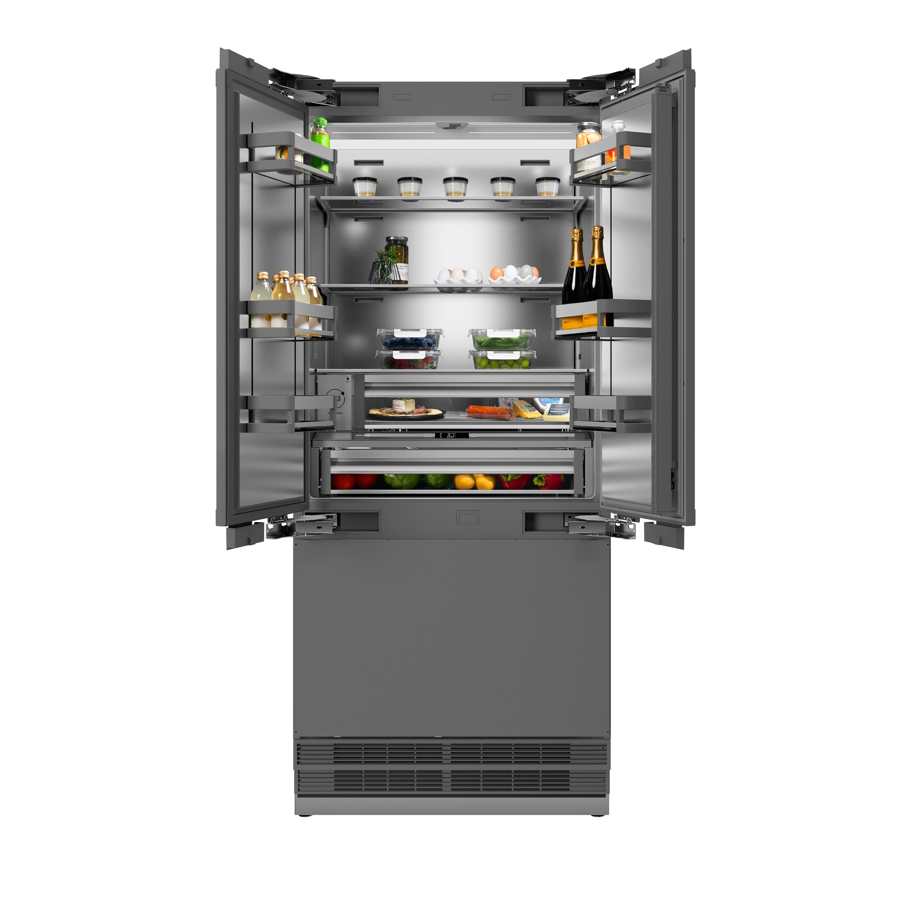 ZLINE 36 in. Panel Ready French Door Built-In Bottom Freezer Refrigerator 19.6 cu. ft. with Water Dispenser, Ice Maker, Stainless Steel Interior & Champagne Bronze Accents (SRBIVZ-36-CB)