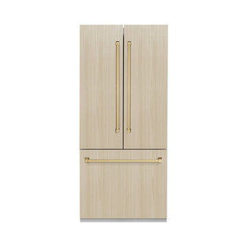 ZLINE 36 in. Panel Ready French Door Built-In Bottom Freezer Refrigerator 19.6 cu. ft. with Water Dispenser, Ice Maker, Stainless Steel Interior & Champagne Bronze Accents (SRBIVZ-36-CB)