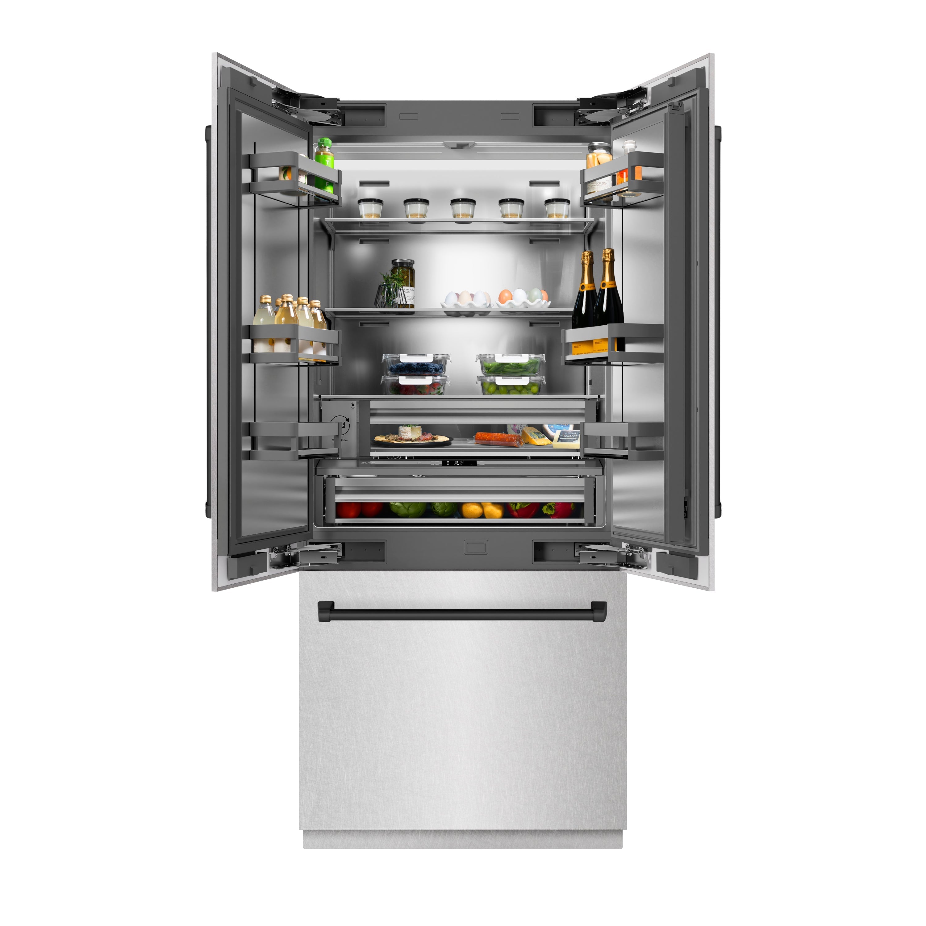 ZLINE 36 in. French Door Built-In Bottom Freezer Refrigerator 19.6 Cu. Ft. Water Dispenser Ice Maker Satin Stainless Steel Stainless Steel Interior Matte Black Accents (SRBIVZ-SN-36-MB)
