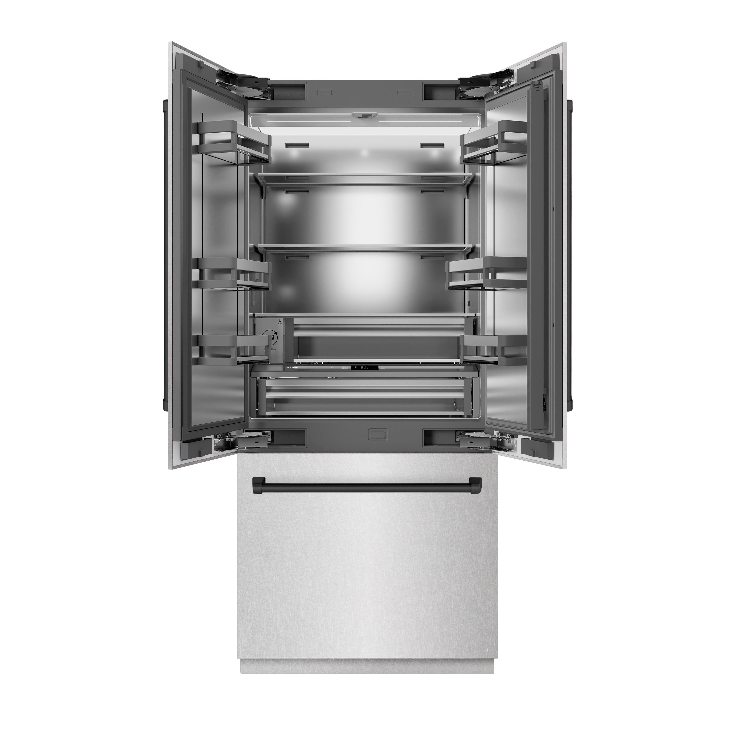 ZLINE 36 in. French Door Built-In Bottom Freezer Refrigerator 19.6 Cu. Ft. Water Dispenser Ice Maker Satin Stainless Steel Stainless Steel Interior Matte Black Accents (SRBIVZ-SN-36-MB)