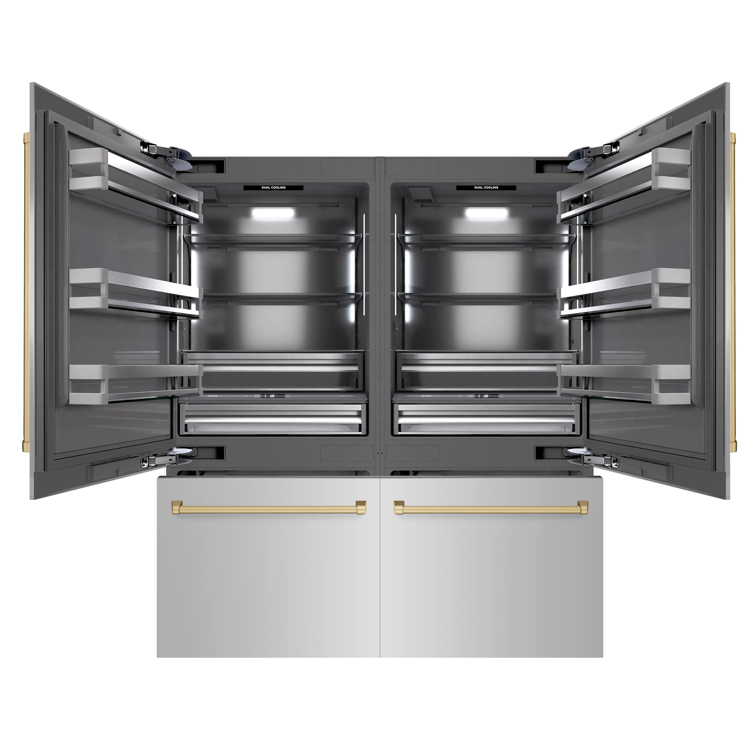 ZLINE 72 in. French Door Built-In Bottom Freezer Refrigerator 39.6 Cu. Ft. Water Dispensers Ice Makers Stainless Steel Graphite Gray Interior Champagne Bronze Accents (GRBITZ-304-72CB)
