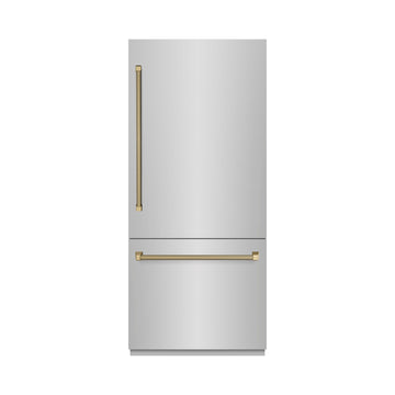 ZLINE 36 in. Built-In Bottom Freezer Refrigerator 19.8 cu. ft. Water Dispenser Ice Maker Stainless Steel Graphite Gray Interior Champagne Bronze Helix Handles (GRBITZ-30436KCB)