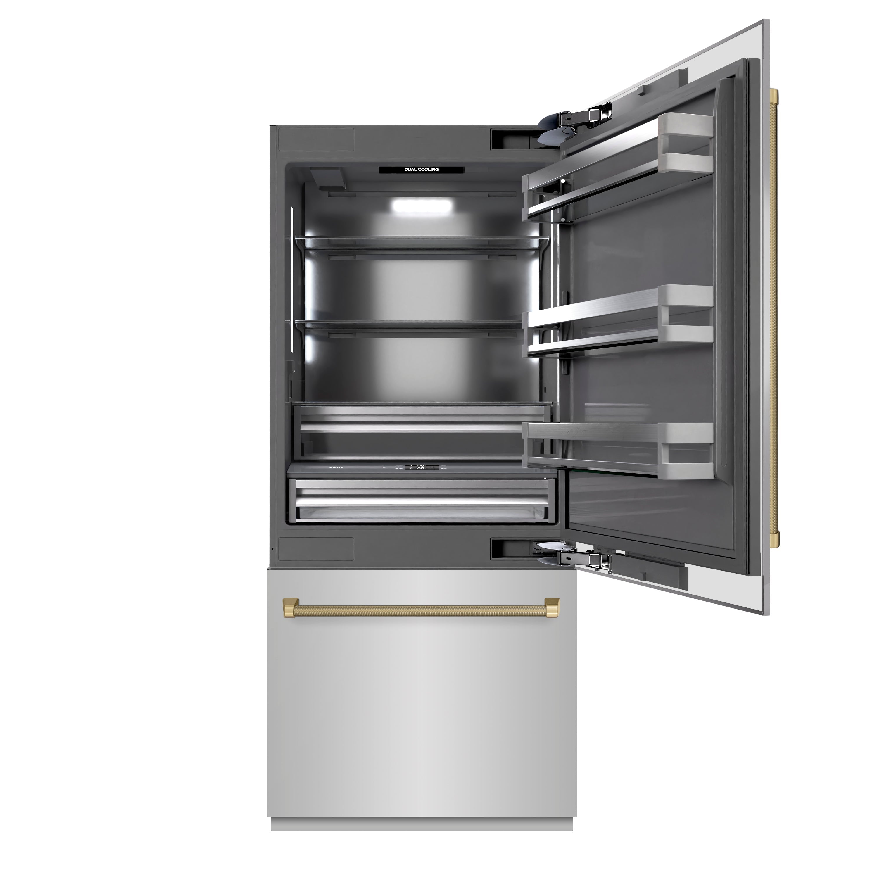 ZLINE 36 in. Built-In Bottom Freezer Refrigerator 19.8 cu. ft. Water Dispenser Ice Maker Stainless Steel Graphite Gray Interior Champagne Bronze Helix Handles (GRBITZ-30436KCB)