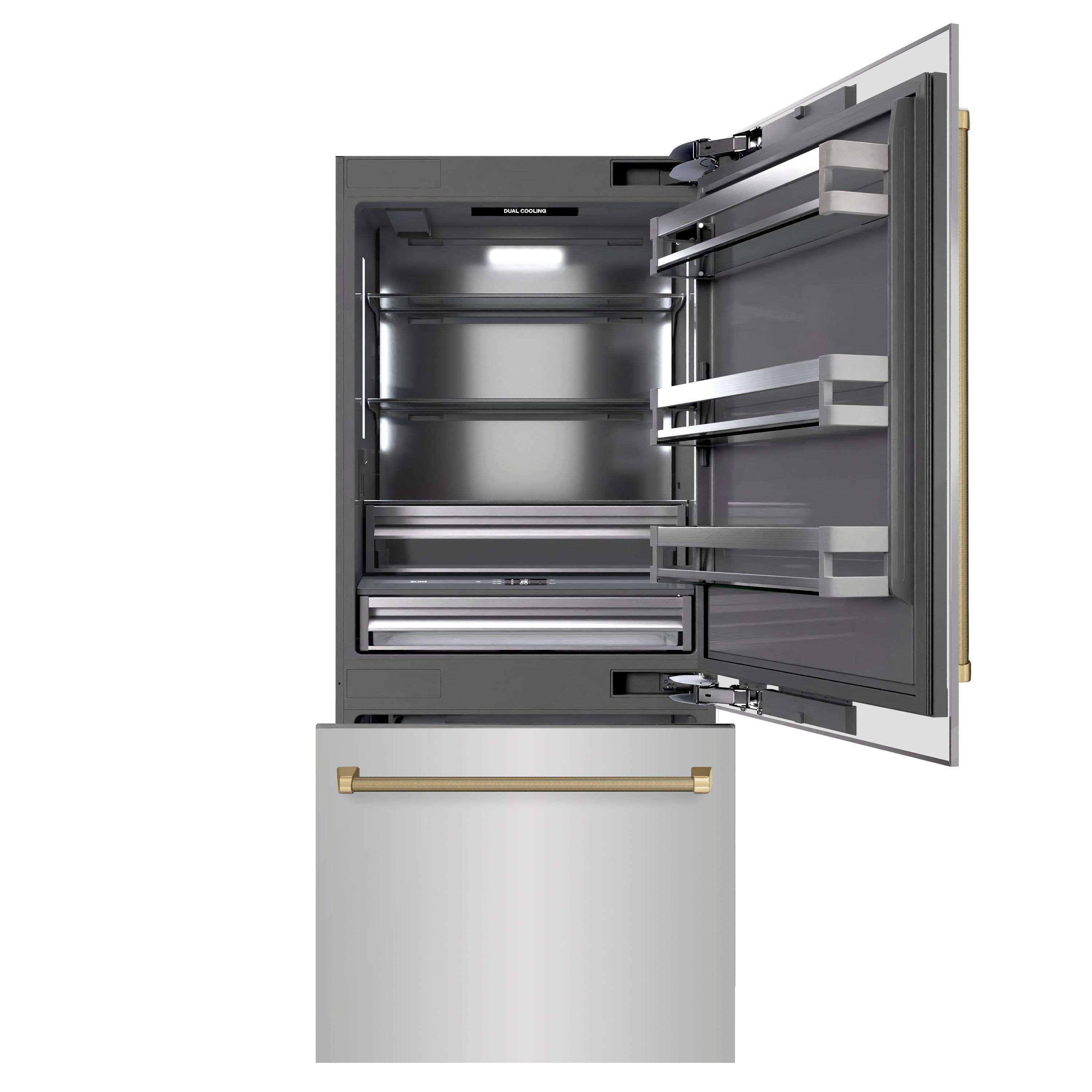 ZLINE 36 in. Built-In Bottom Freezer Refrigerator 19.8 cu. ft. Water Dispenser Ice Maker Stainless Steel Graphite Gray Interior Champagne Bronze Helix Handles (GRBITZ-30436KCB)