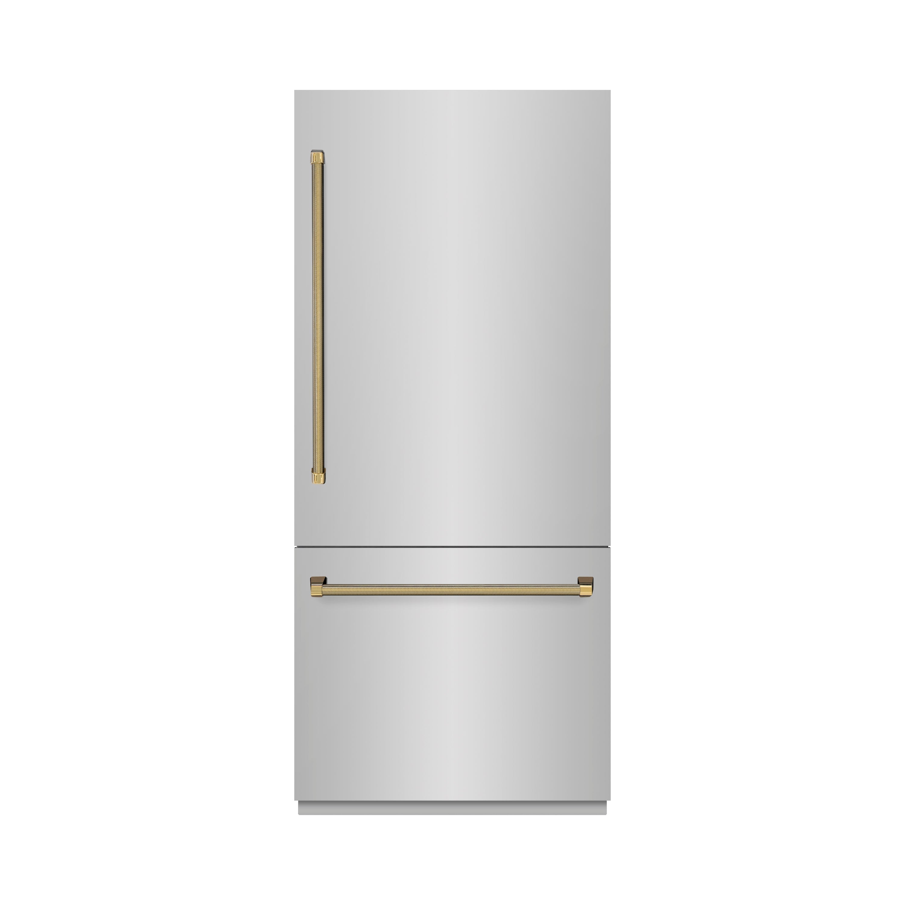 ZLINE 36 in. Built-In Bottom Freezer Refrigerator 19.8 cu. ft. Water Dispenser Ice Maker Stainless Steel Graphite Gray Interior Polished Gold Helix Handles (GRBITZ-30436KG)