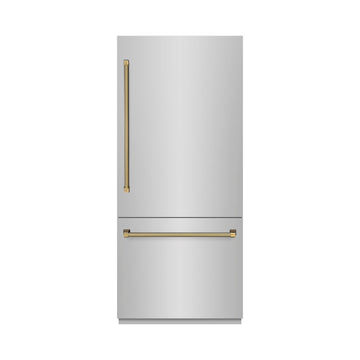 ZLINE 36 in. Built-In Bottom Freezer Refrigerator 19.8 cu. ft. Water Dispenser Ice Maker Stainless Steel Graphite Gray Interior Polished Gold Helix Handles (GRBITZ-30436KG)