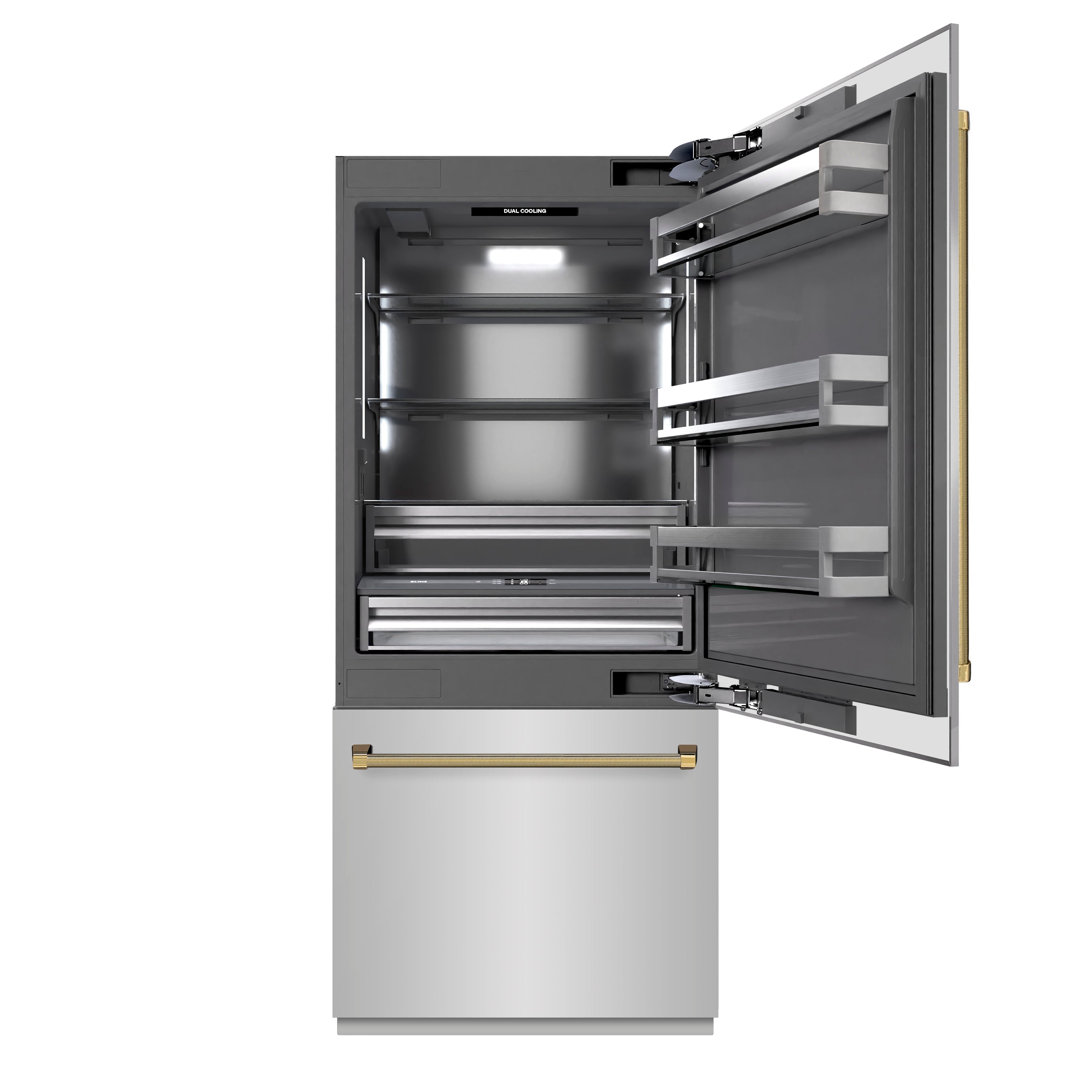 ZLINE 36 in. Built-In Bottom Freezer Refrigerator 19.8 cu. ft. Water Dispenser Ice Maker Stainless Steel Graphite Gray Interior Polished Gold Helix Handles (GRBITZ-30436KG)