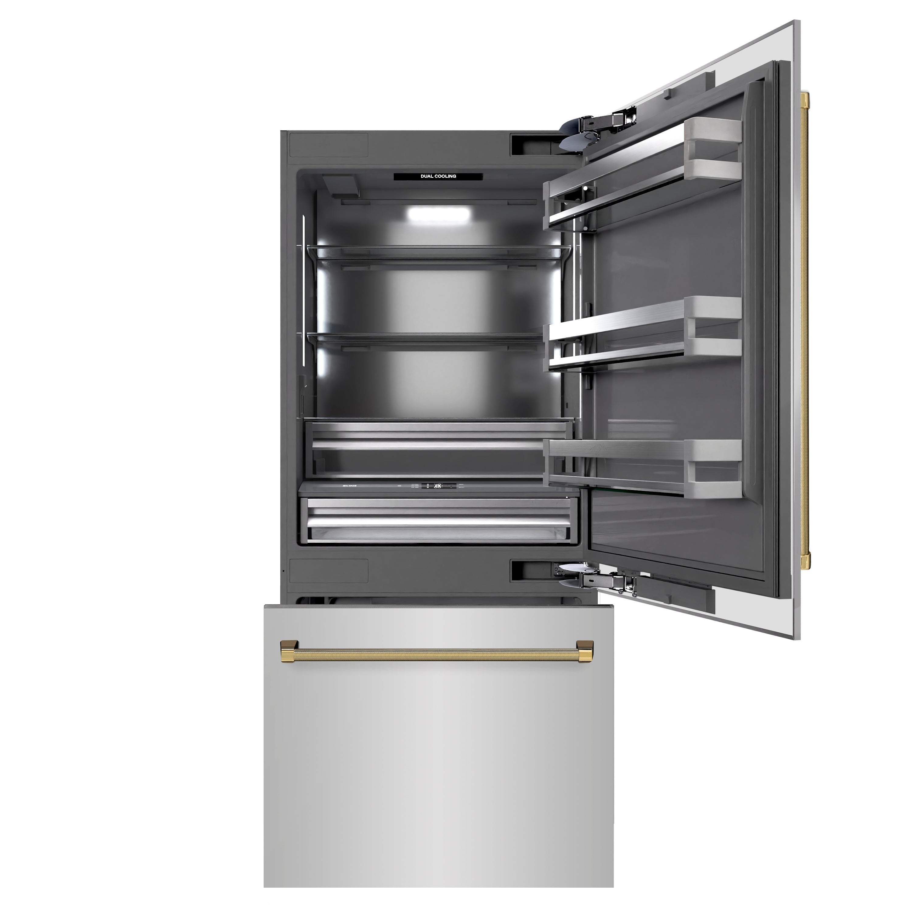ZLINE 36 in. Built-In Bottom Freezer Refrigerator 19.8 cu. ft. Water Dispenser Ice Maker Stainless Steel Graphite Gray Interior Polished Gold Helix Handles (GRBITZ-30436KG)