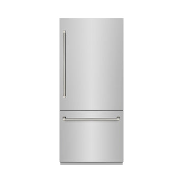 ZLINE 36 in. Built-In Bottom Freezer Refrigerator 19.8 cu. ft. with Water Dispenser, Ice Maker, Stainless Steel Finish, Graphite Gray Interior and Polished Nickel Helix Handles (GRBITZ-30436KPN)