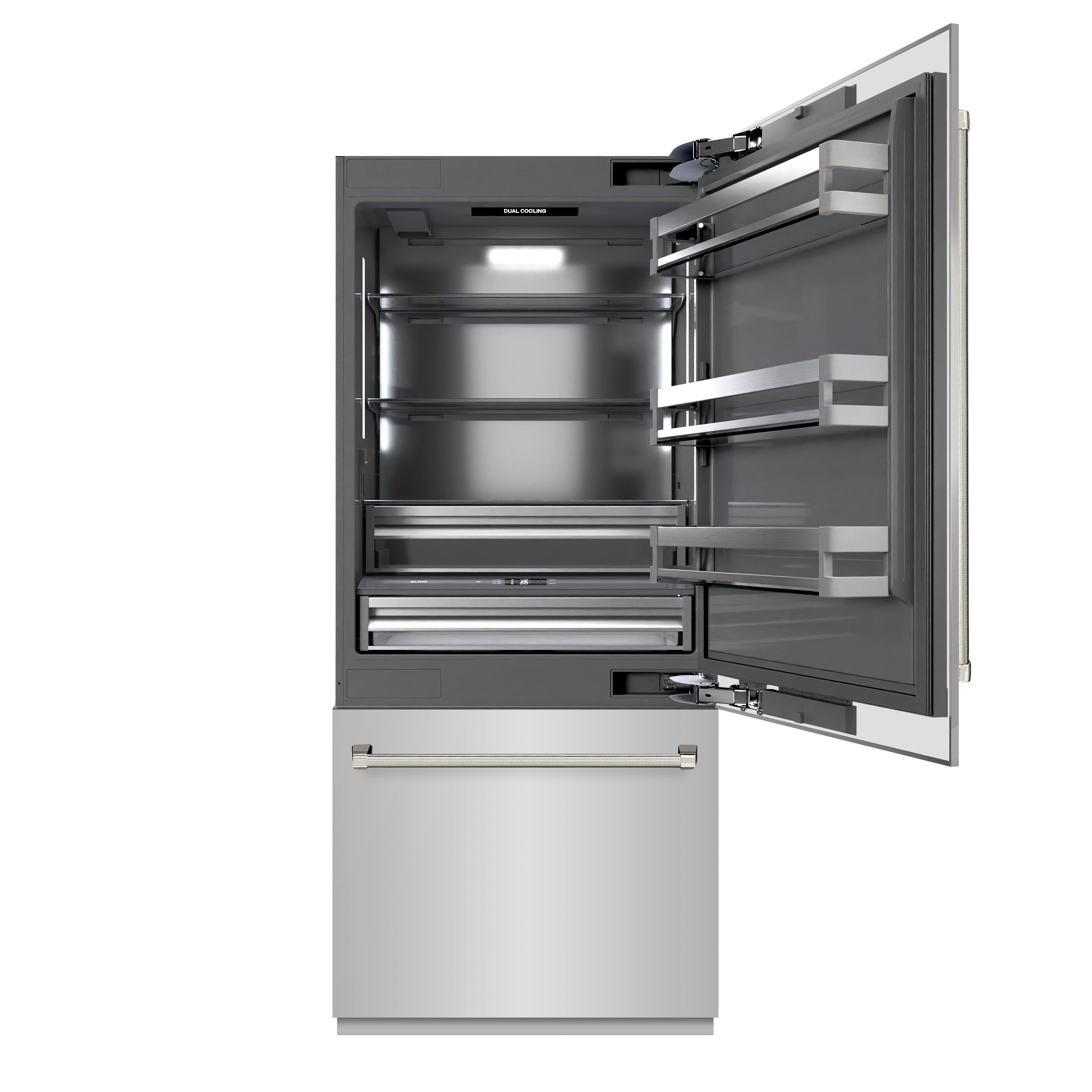 ZLINE 36 in. Built-In Bottom Freezer Refrigerator 19.8 cu. ft. with Water Dispenser, Ice Maker, Stainless Steel Finish, Graphite Gray Interior and Polished Nickel Helix Handles (GRBITZ-30436KPN)