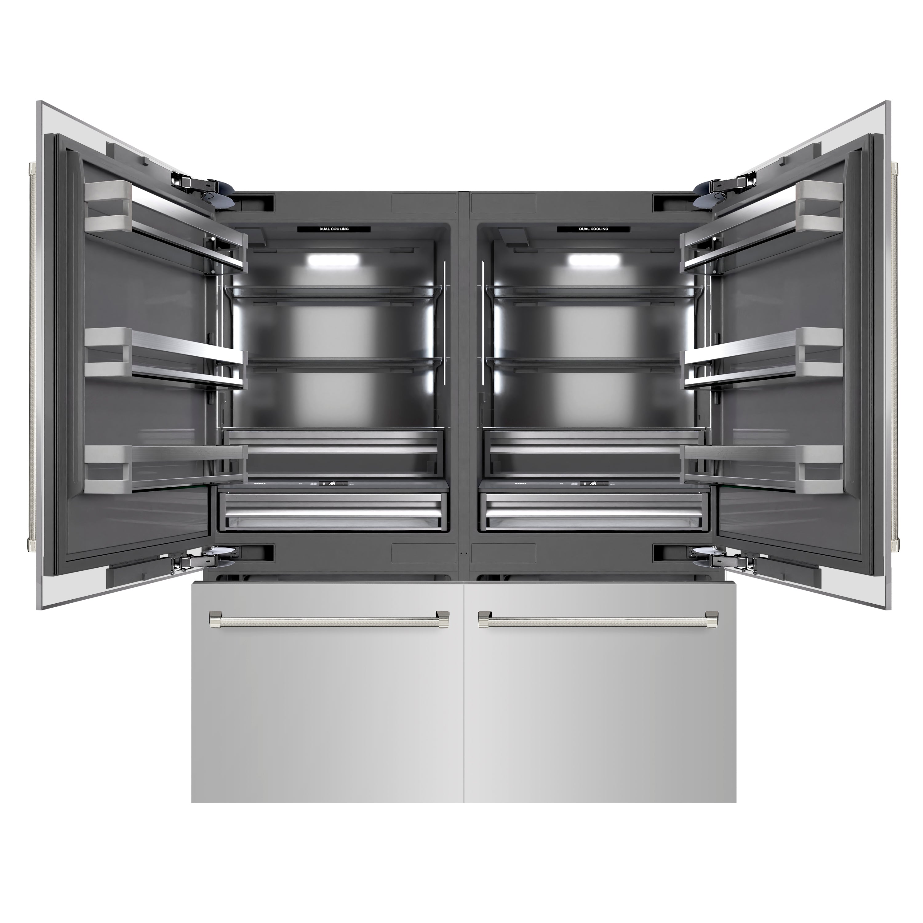ZLINE 72 in. French Door Built-In Bottom Freezer Refrigerator, 39.6 Cu. Ft., Water Dispensers, Ice Makers, Stainless Steel, Graphite Gray Interior, Polished Nickel Helix Handles (GRBITZ-30472KPN)