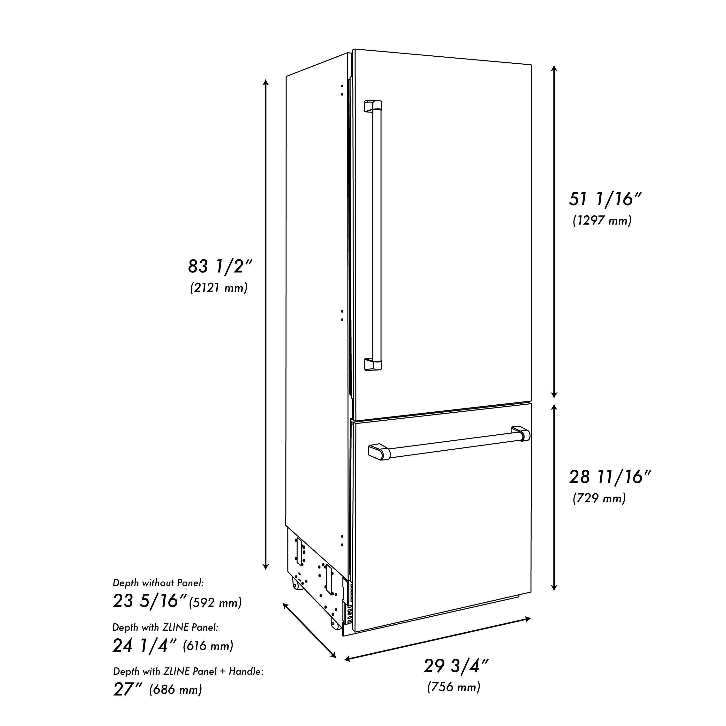 ZLINE 30 in. Built-In Bottom Freezer Refrigerator 16.1 Cu. Ft. with Water Dispenser, Ice Maker, Stainless Steel, Polished Gold Accents (GRBIVZ-304-30G)