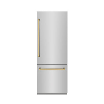 ZLINE 30 in. Built-In Bottom Freezer Refrigerator 16.1 Cu. Ft. with Water Dispenser, Ice Maker, Stainless Steel, Polished Gold Accents (GRBIVZ-304-30G)