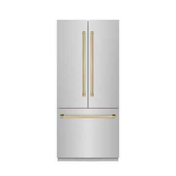 ZLINE 36 in. Built-In French Door Bottom Freezer Refrigerator, 19.6 Cu. Ft., Water Dispenser, Ice Maker, Stainless Steel, Graphite Gray Interior, Polished Gold Accents (GRBIVZ-304-36G)