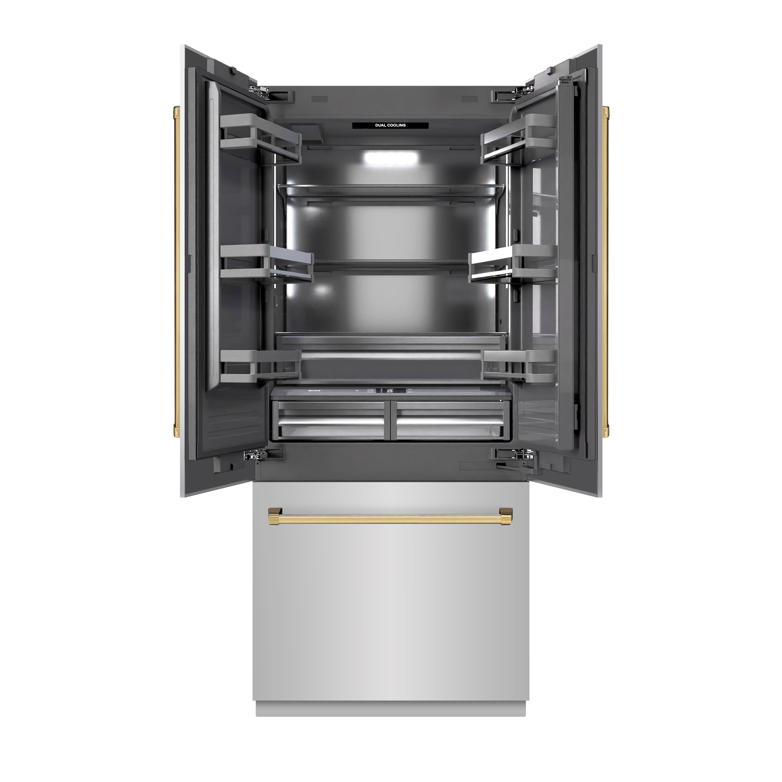 ZLINE 36 in. Built-In French Door Bottom Freezer Refrigerator, 19.6 Cu. Ft., Water Dispenser, Ice Maker, Stainless Steel, Graphite Gray Interior, Polished Gold Accents (GRBIVZ-304-36G)