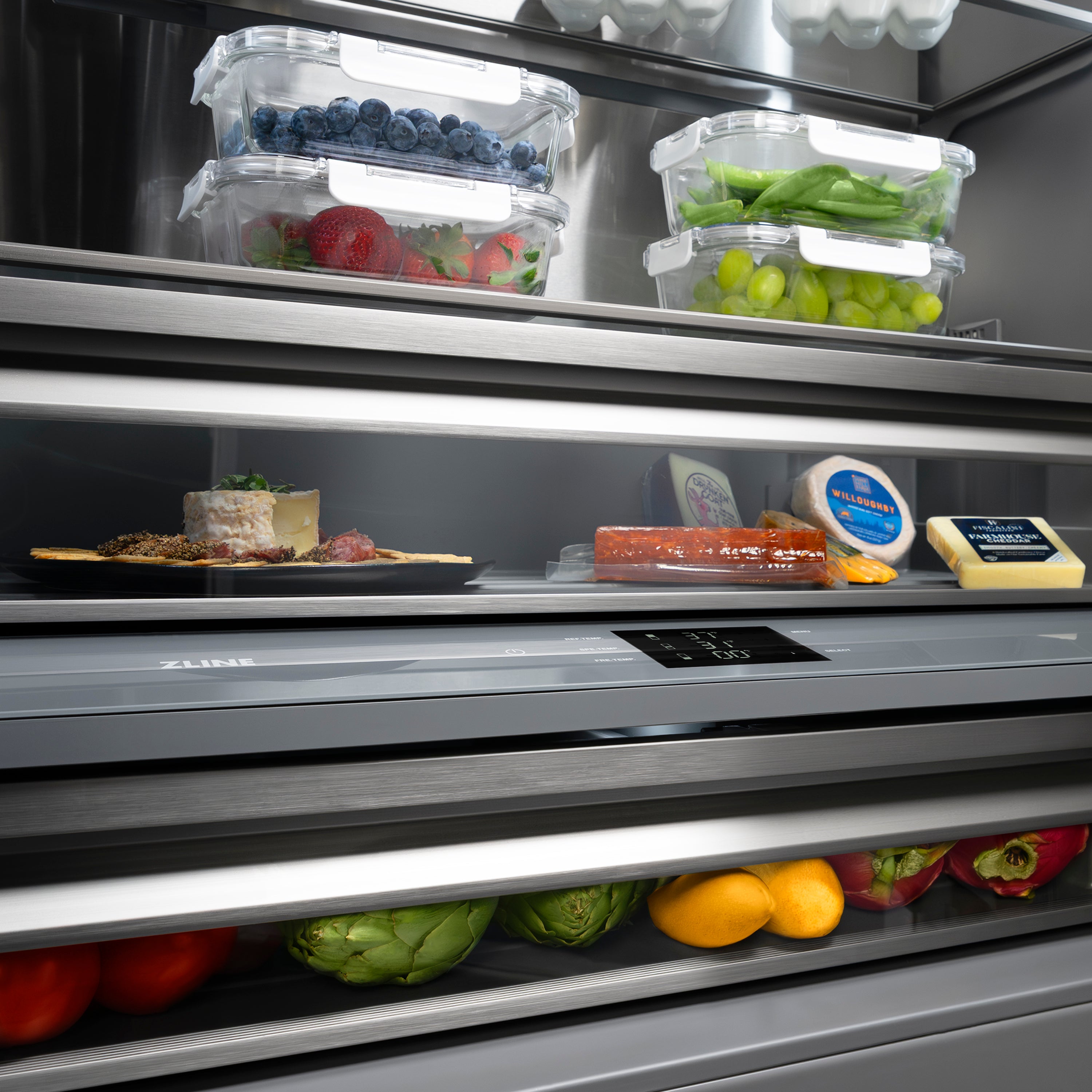 ZLINE 30 in. Built-In Bottom Freezer Refrigerator 16.1 cu. ft. Water Dispenser Ice Maker Stainless Steel Graphite Gray Interior Polished Gold Helix Handles (GRBIVZ-30430KG)