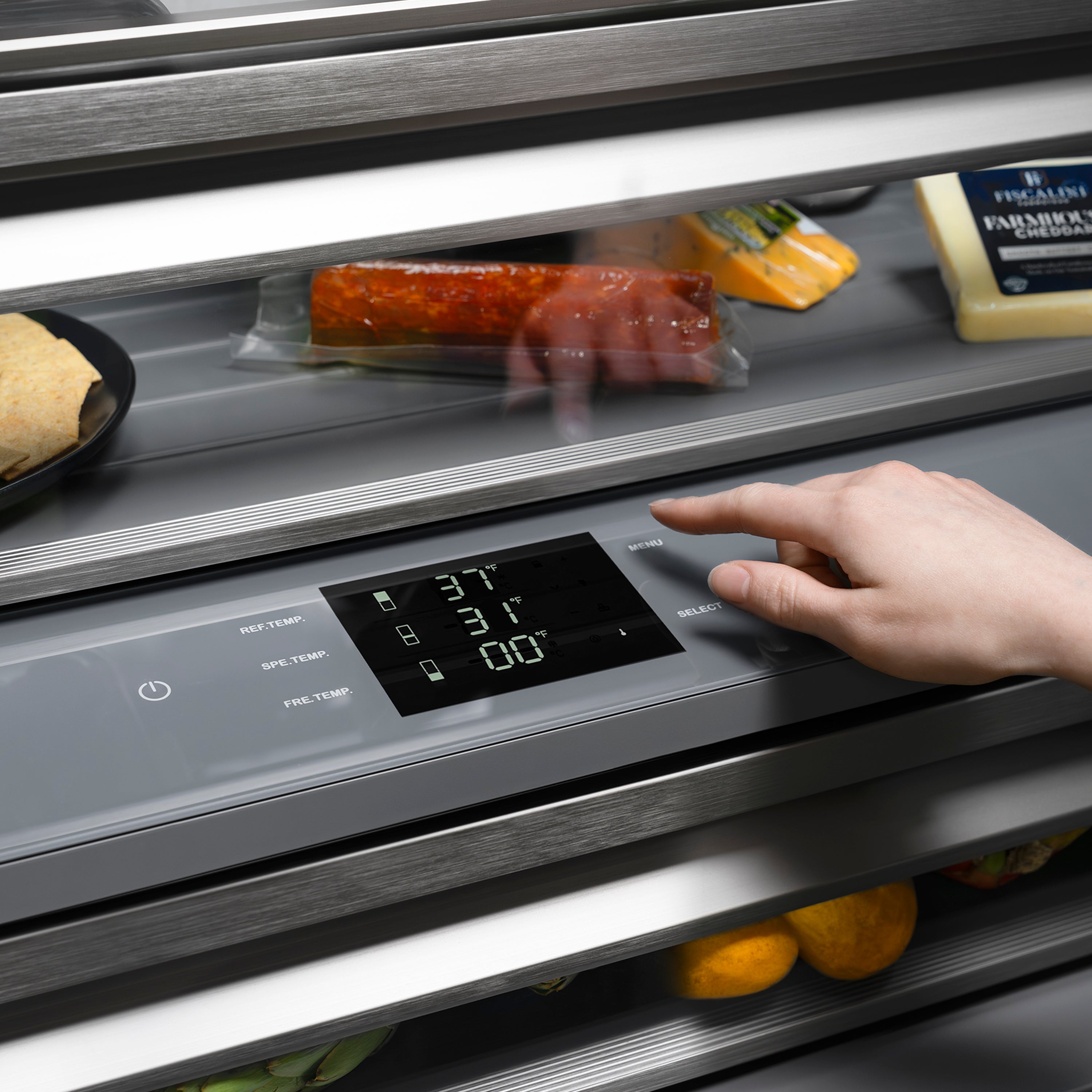 ZLINE 30 in. Built-In Bottom Freezer Refrigerator 16.1 cu. ft. Water Dispenser Ice Maker Stainless Steel Graphite Gray Interior Polished Gold Helix Handles (GRBIVZ-30430KG)