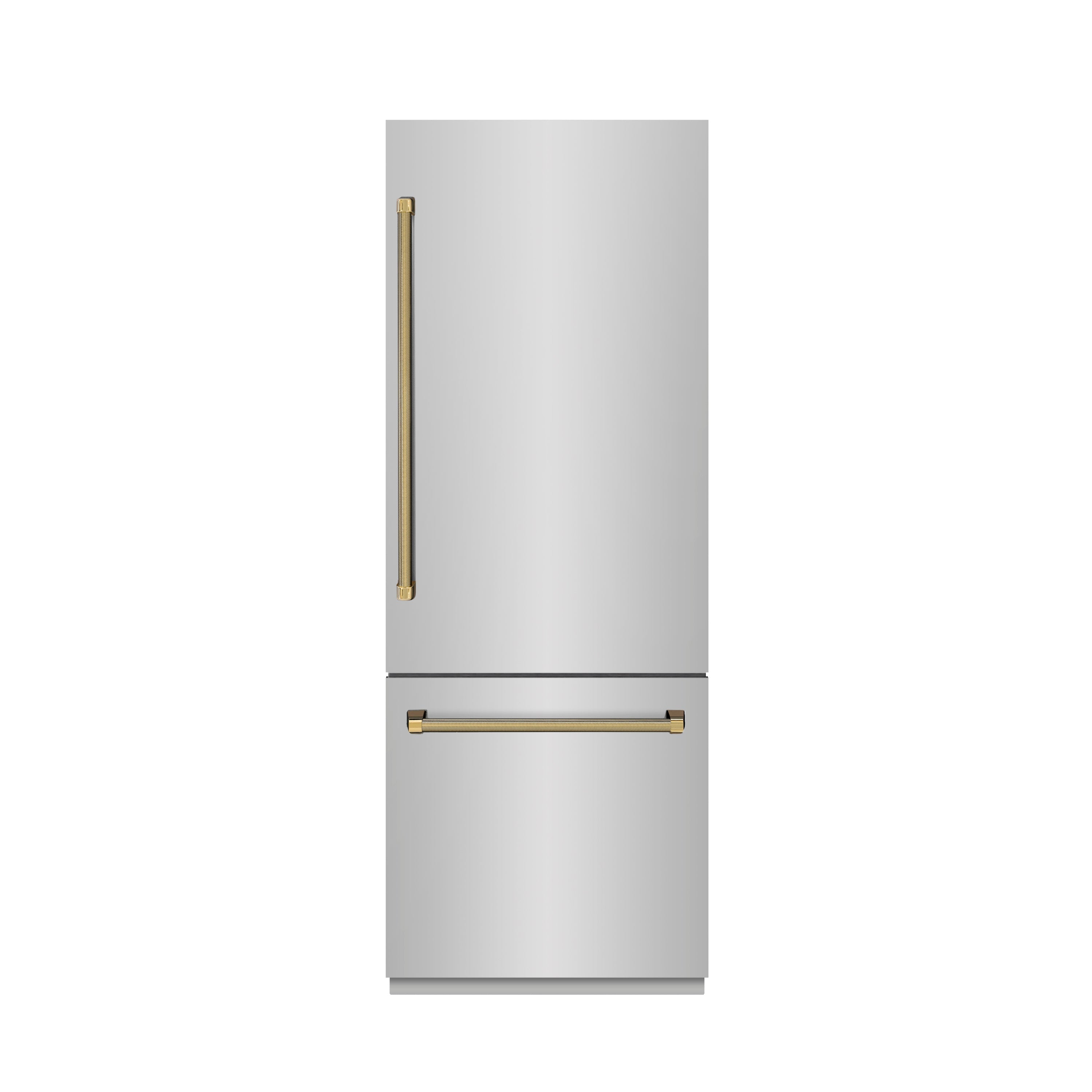 ZLINE 30 in. Built-In Bottom Freezer Refrigerator 16.1 cu. ft. Water Dispenser Ice Maker Stainless Steel Graphite Gray Interior Polished Gold Helix Handles (GRBIVZ-30430KG)