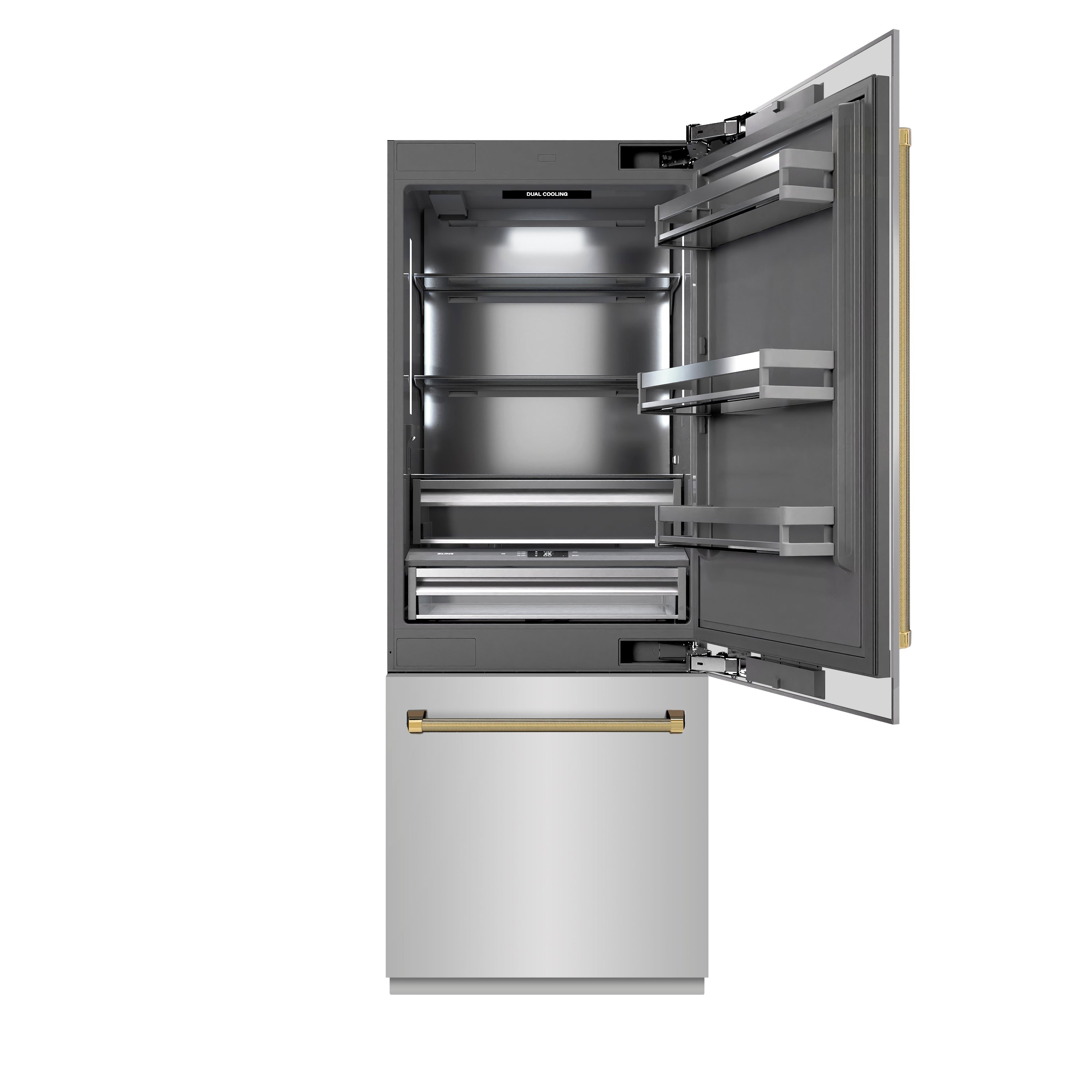 ZLINE 30 in. Built-In Bottom Freezer Refrigerator 16.1 cu. ft. Water Dispenser Ice Maker Stainless Steel Graphite Gray Interior Polished Gold Helix Handles (GRBIVZ-30430KG)
