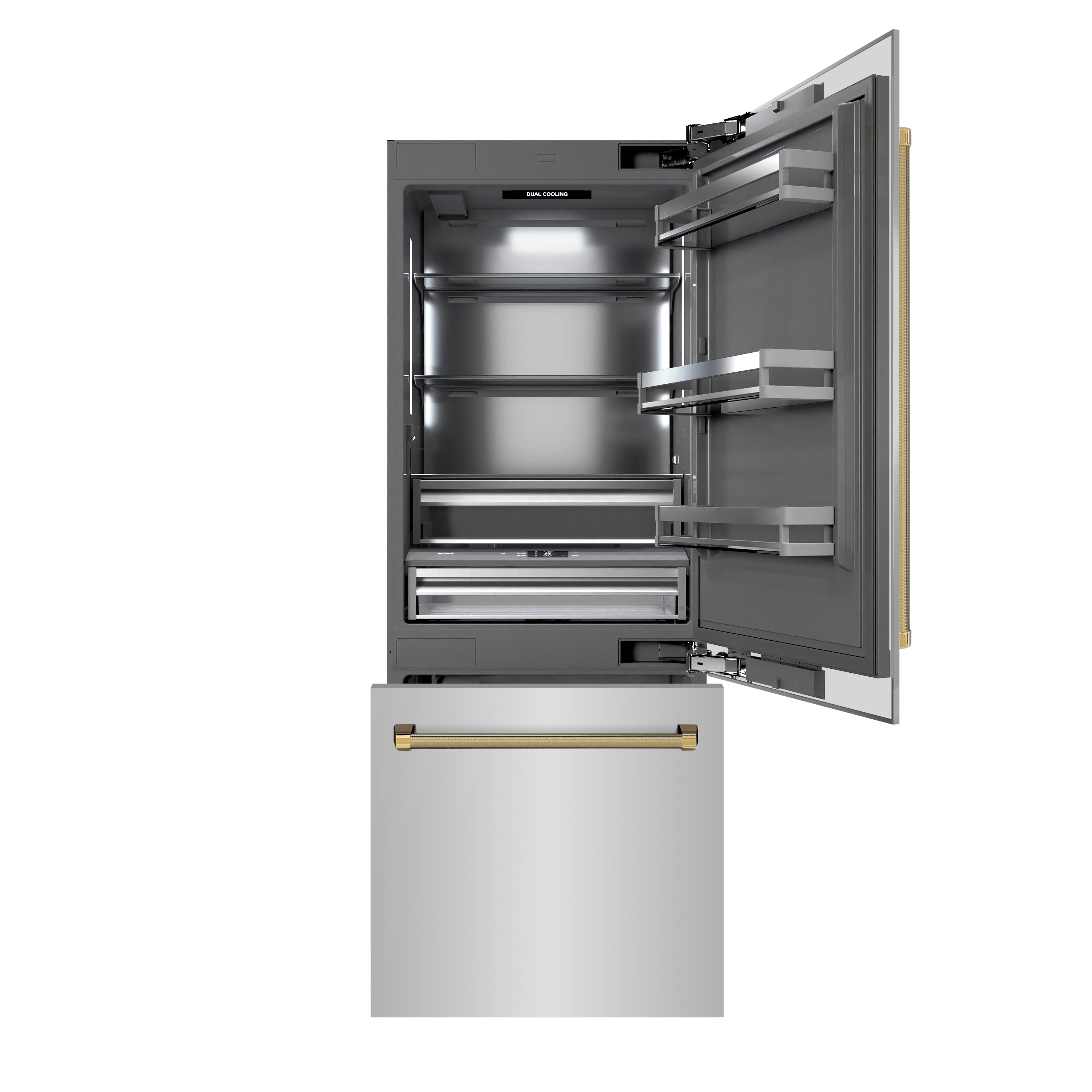 ZLINE 30 in. Built-In Bottom Freezer Refrigerator 16.1 cu. ft. Water Dispenser Ice Maker Stainless Steel Graphite Gray Interior Polished Gold Helix Handles (GRBIVZ-30430KG)