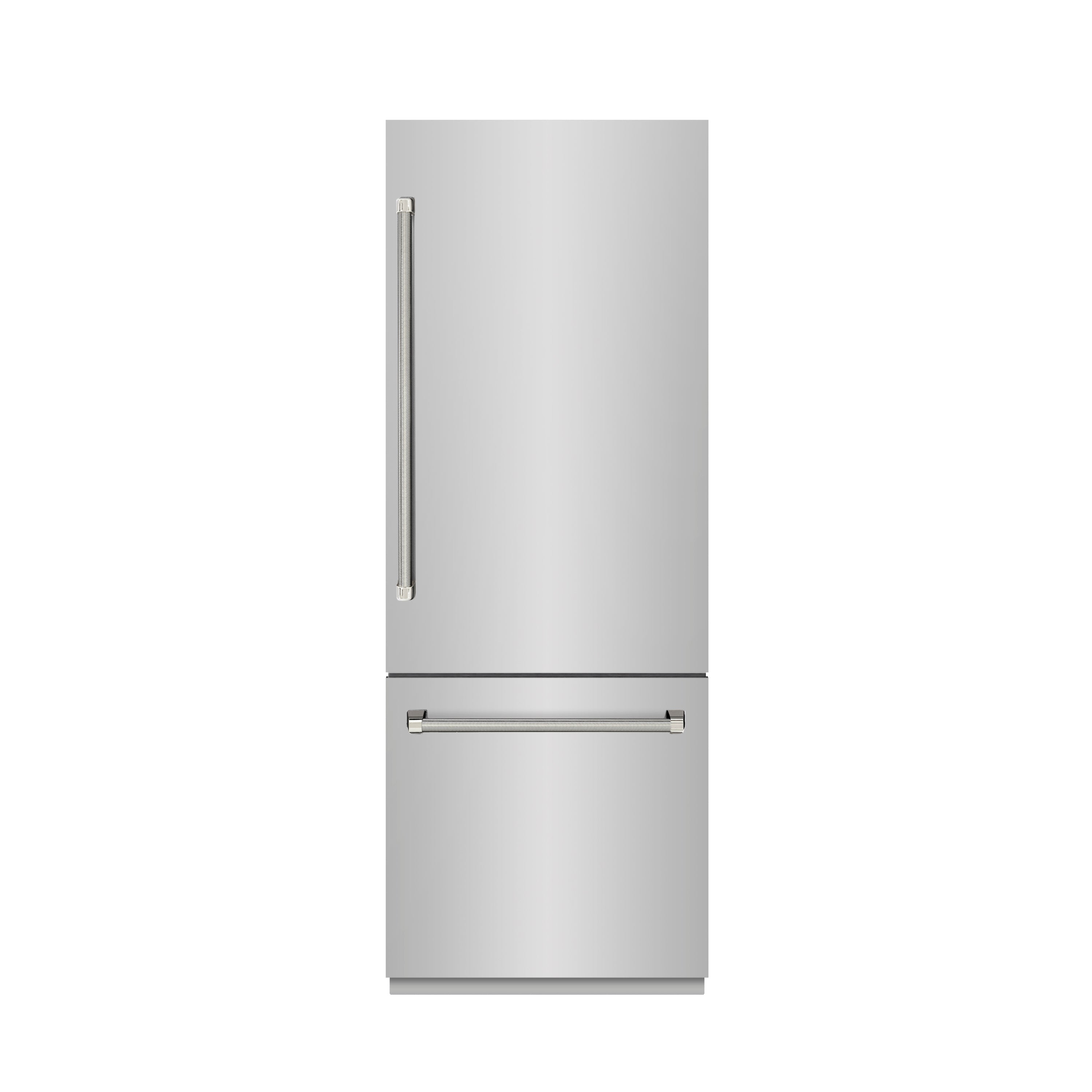 ZLINE 30 in. Built-In Bottom Freezer Refrigerator 16.1 cu. ft. Water Dispenser, Ice Maker, Stainless Steel, Graphite Gray Interior, Polished Nickel Helix Handles (GRBIVZ-30430KPN)