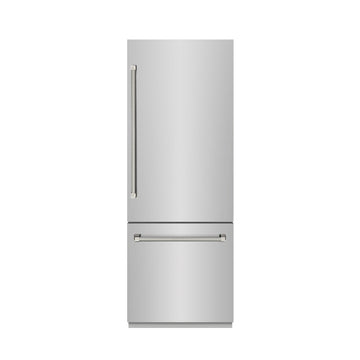 ZLINE 30 in. Built-In Bottom Freezer Refrigerator 16.1 cu. ft. Water Dispenser, Ice Maker, Stainless Steel, Graphite Gray Interior, Polished Nickel Helix Handles (GRBIVZ-30430KPN)