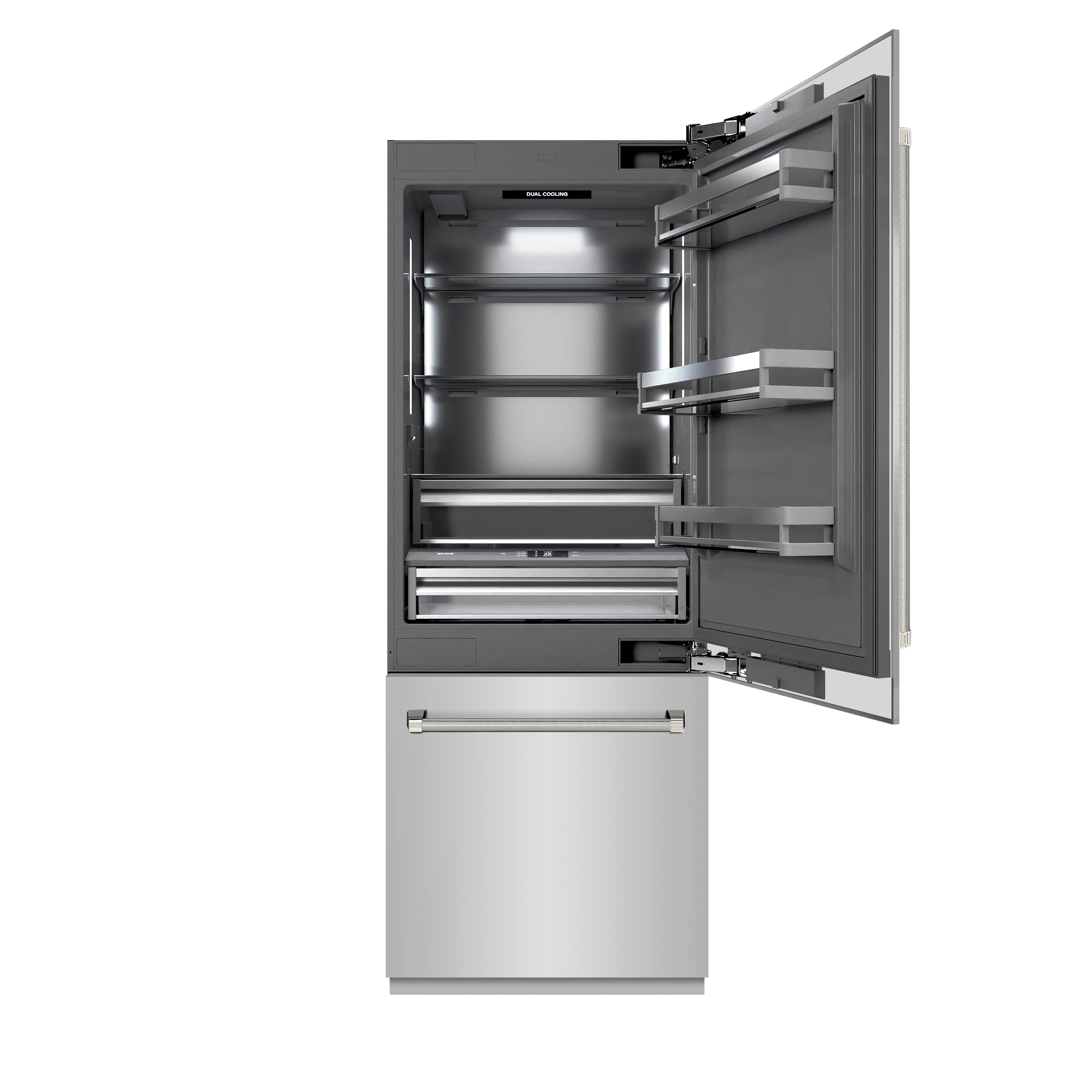 ZLINE 30 in. Built-In Bottom Freezer Refrigerator 16.1 cu. ft. Water Dispenser, Ice Maker, Stainless Steel, Graphite Gray Interior, Polished Nickel Helix Handles (GRBIVZ-30430KPN)