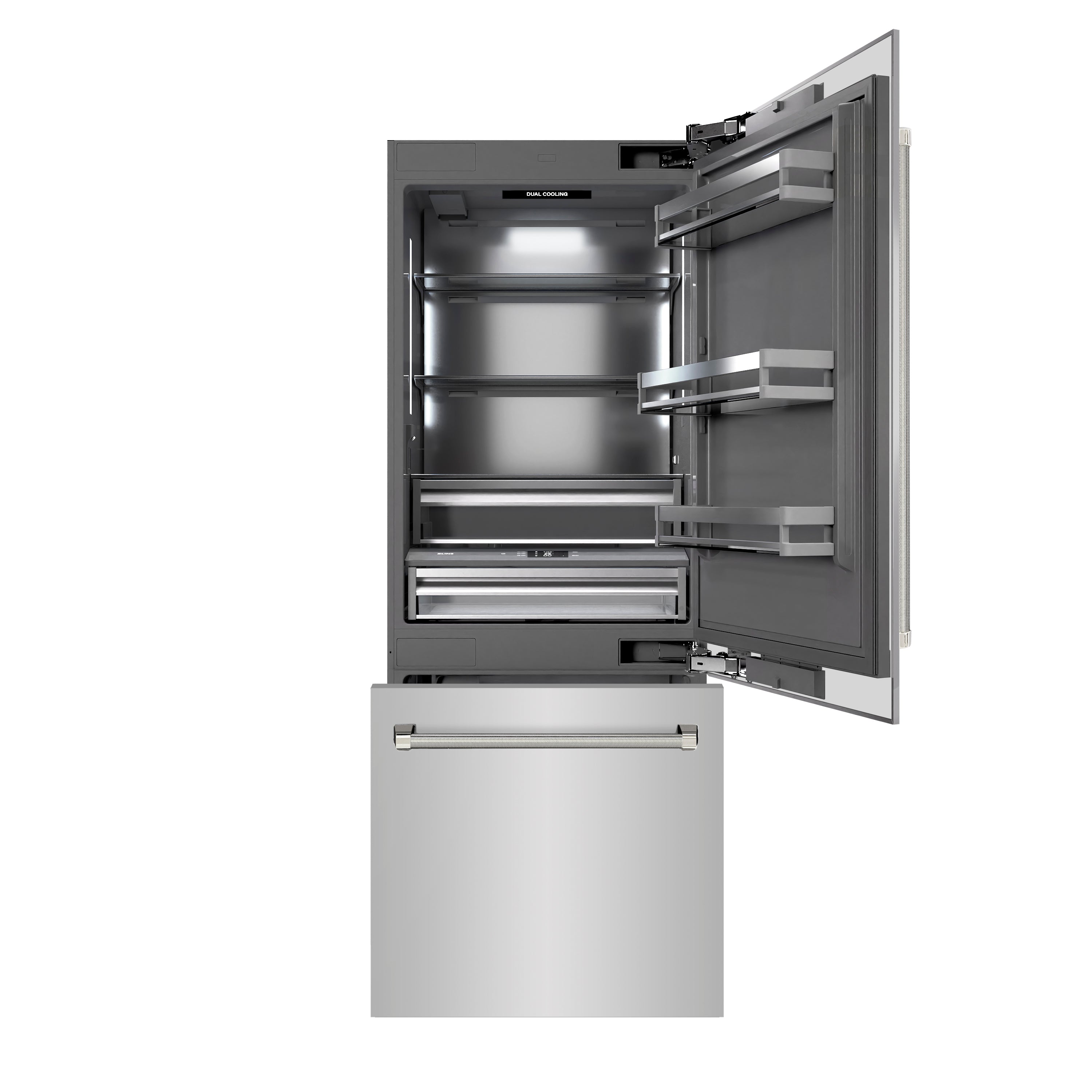 ZLINE 30 in. Built-In Bottom Freezer Refrigerator 16.1 cu. ft. Water Dispenser, Ice Maker, Stainless Steel, Graphite Gray Interior, Polished Nickel Helix Handles (GRBIVZ-30430KPN)