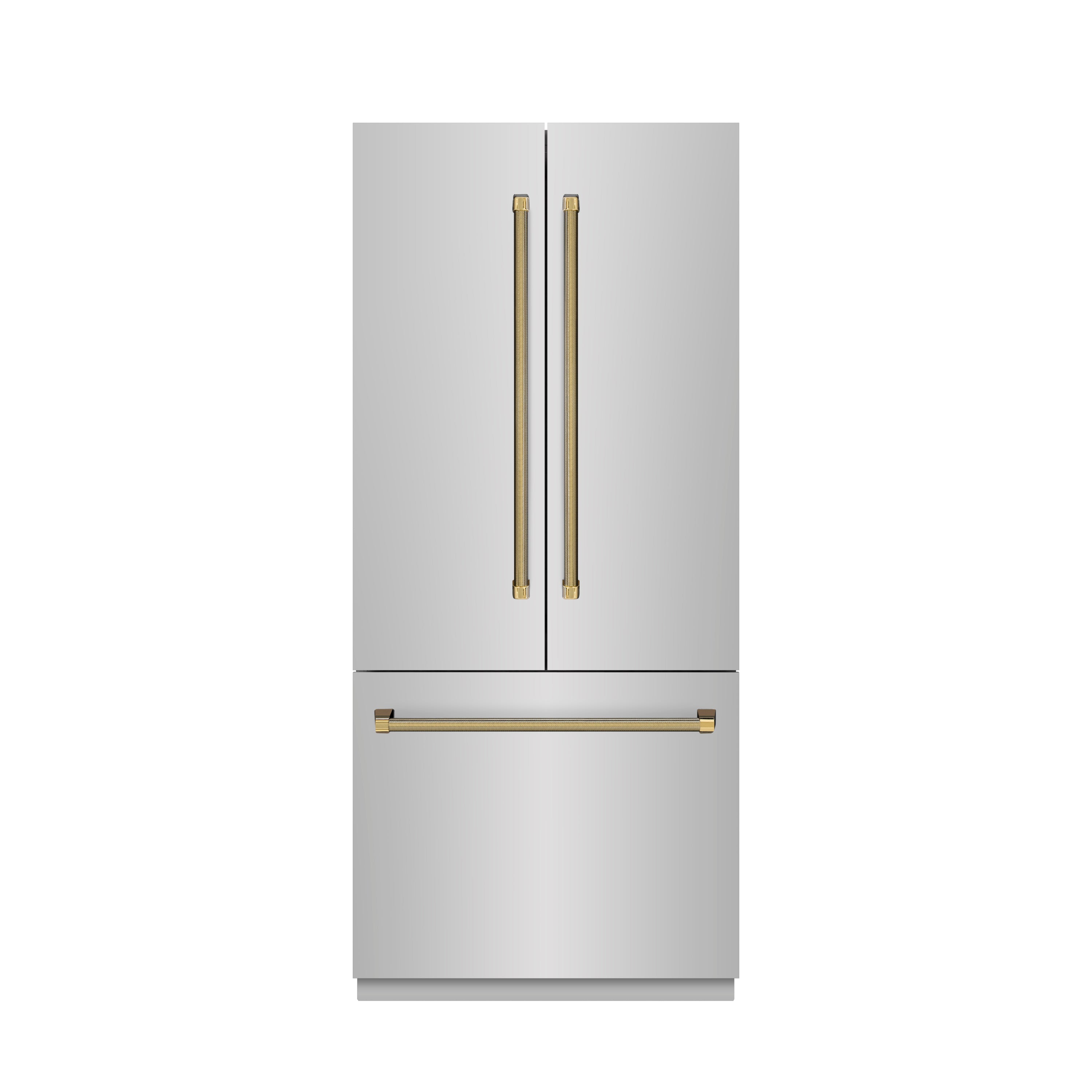ZLINE 36 in. Built-In French Door Refrigerator 19.6 cu. ft. Bottom Freezer, Water Dispenser, Ice Maker, Stainless Steel, Graphite Gray Interior, Polished Gold Helix Handles (GRBIVZ-30436KG)